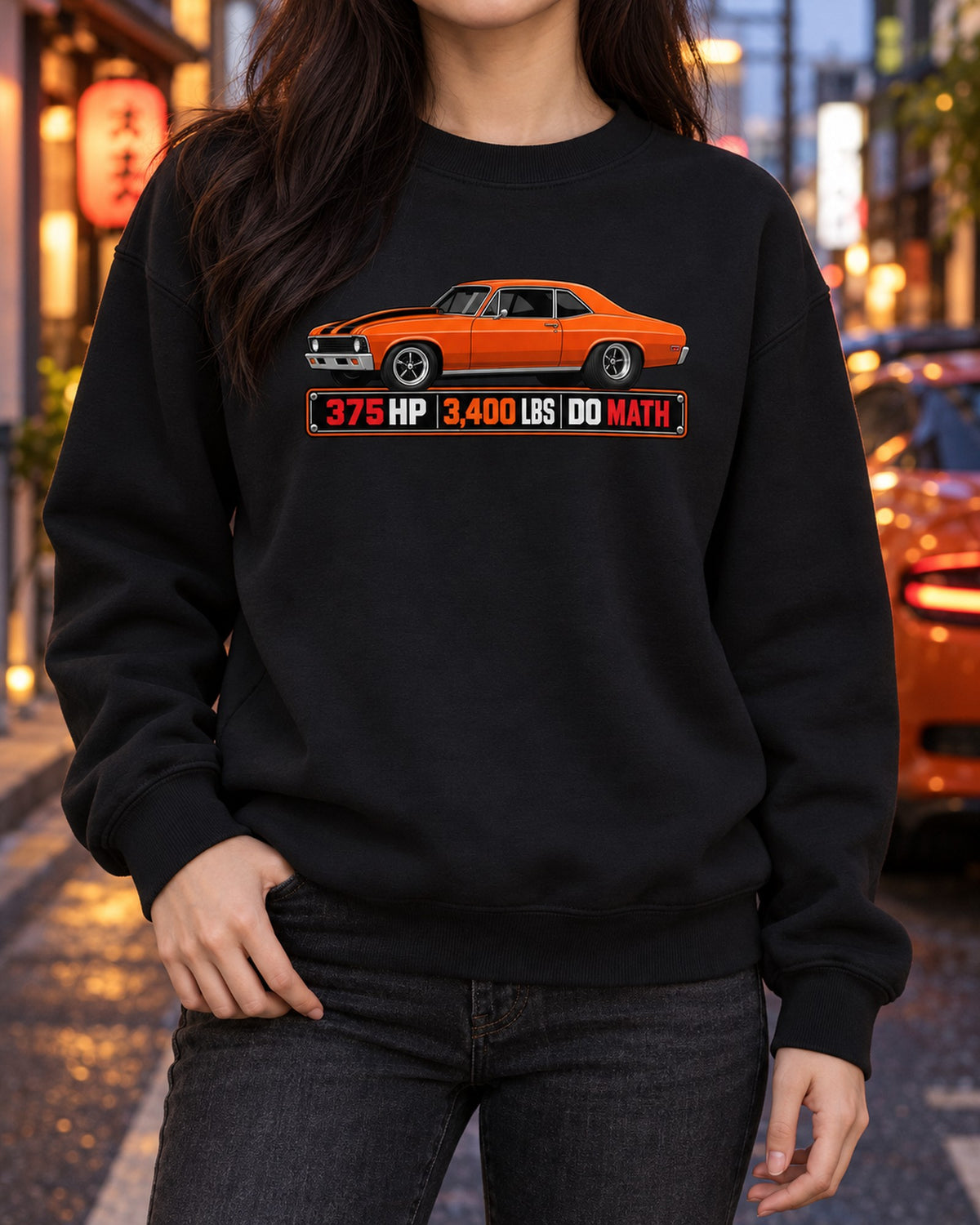 1970 Nova SS 396 Spec Sheet Shirt, 375 HP 3,400 LBS Tee Crewneck Black worn hero