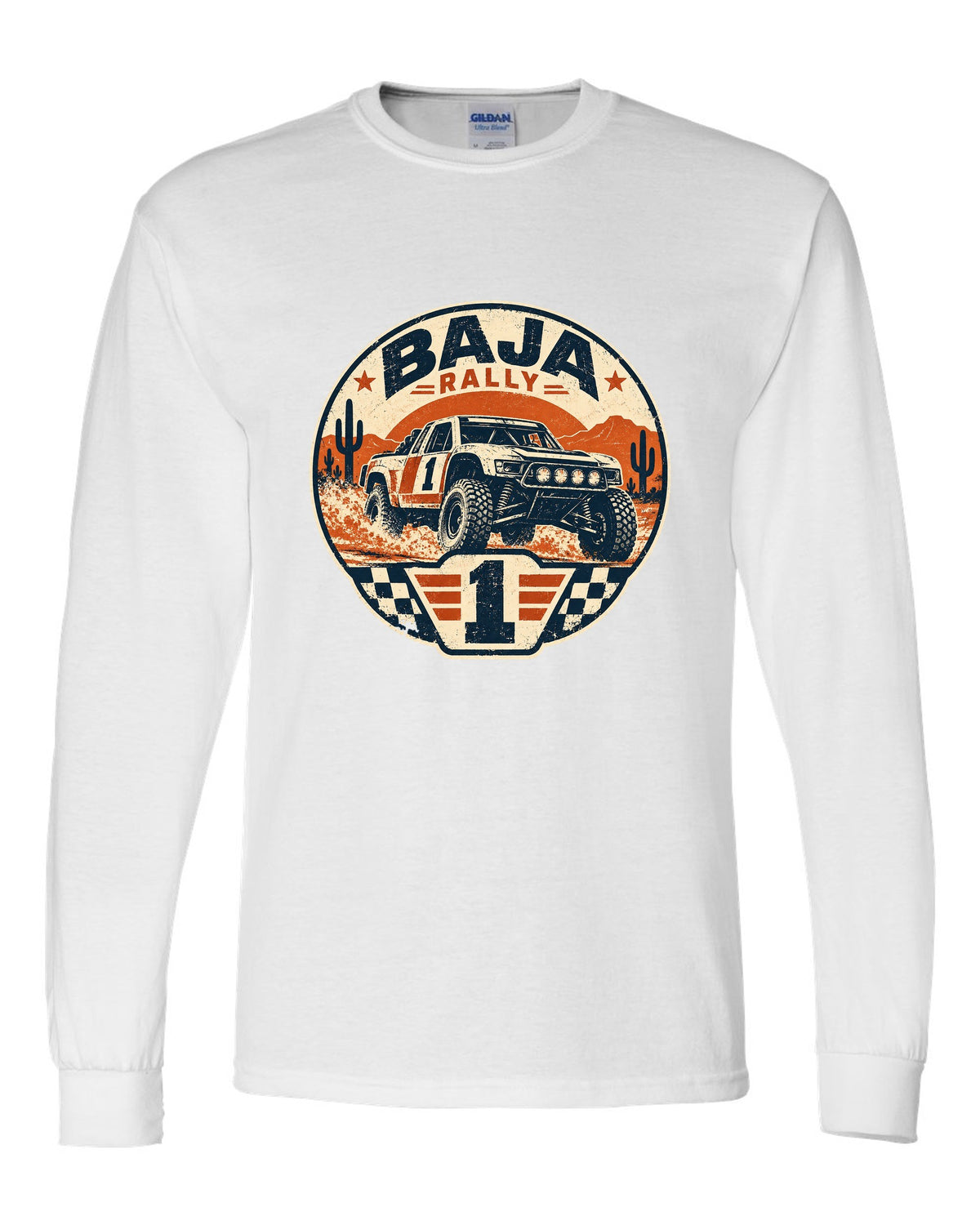 Stencil street-art of a 2022 Ford Bronco off-road race truck with 15 PSI AIRED DOWN lettering white long sleeve front view with the design