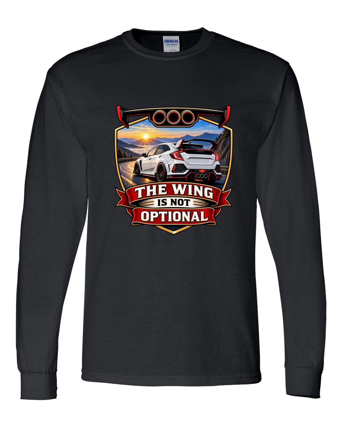 Racing shield print of a Honda Civic Type R FK8 ch with the wing is not optional text black long sleeve front view with the design