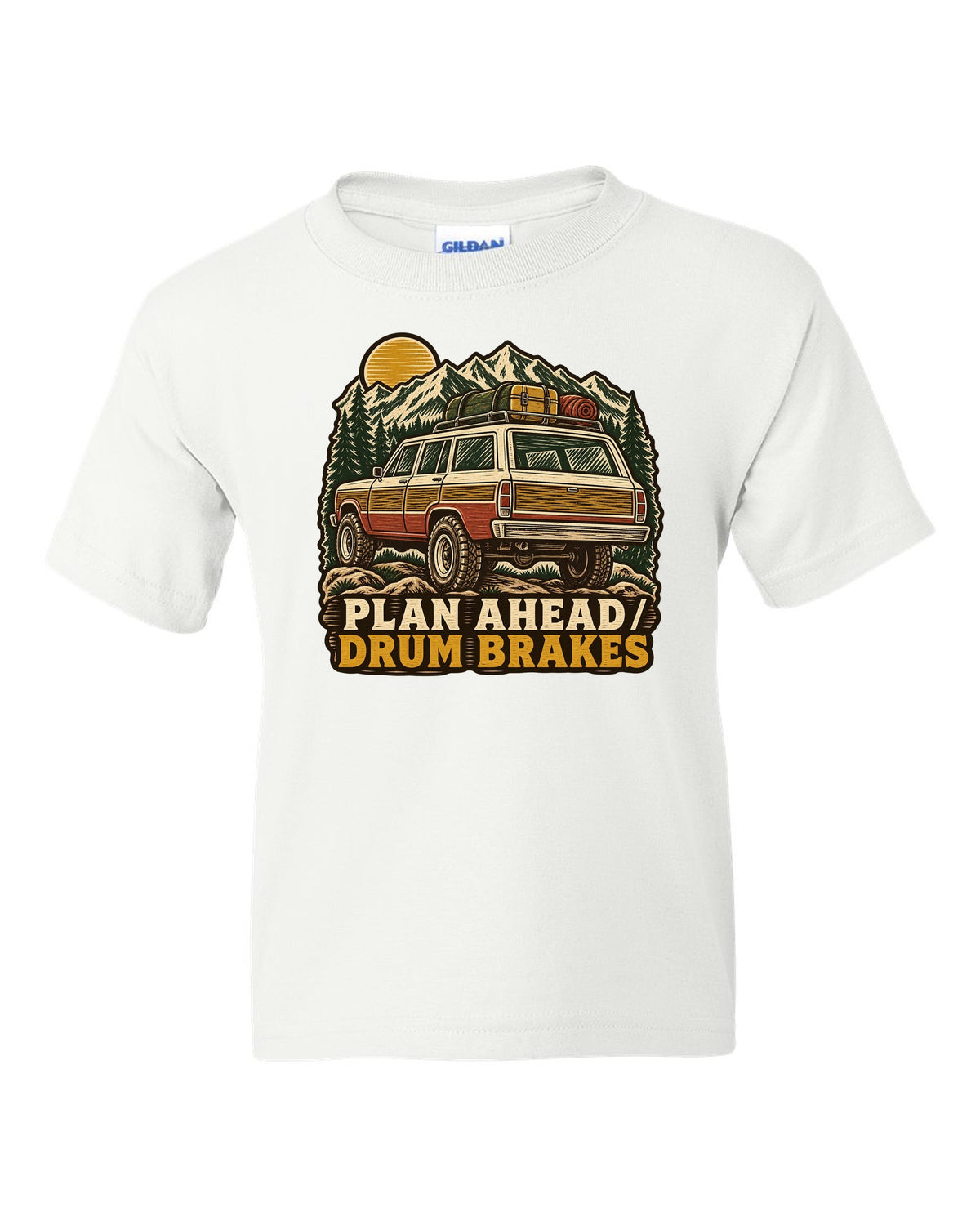 Linocut woodcut of a Toyota Land Cruiser FJ55 with Plan Ahead Drum Brakes lettering white kids tee front view with the design