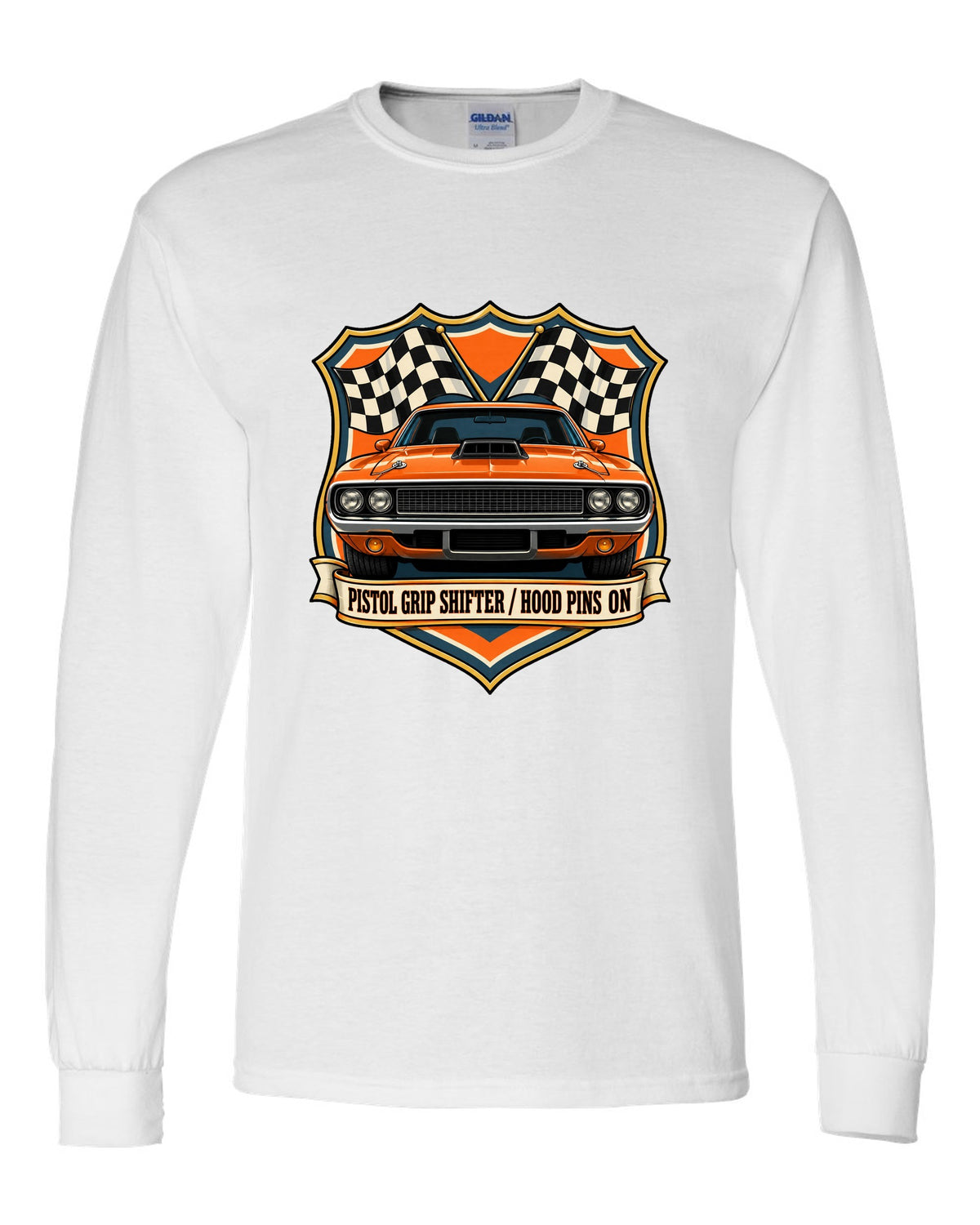 Shield crest design for a 1970 Dodge Challenger R/T E-body with pistol grip shifter caption white long sleeve front view with the design