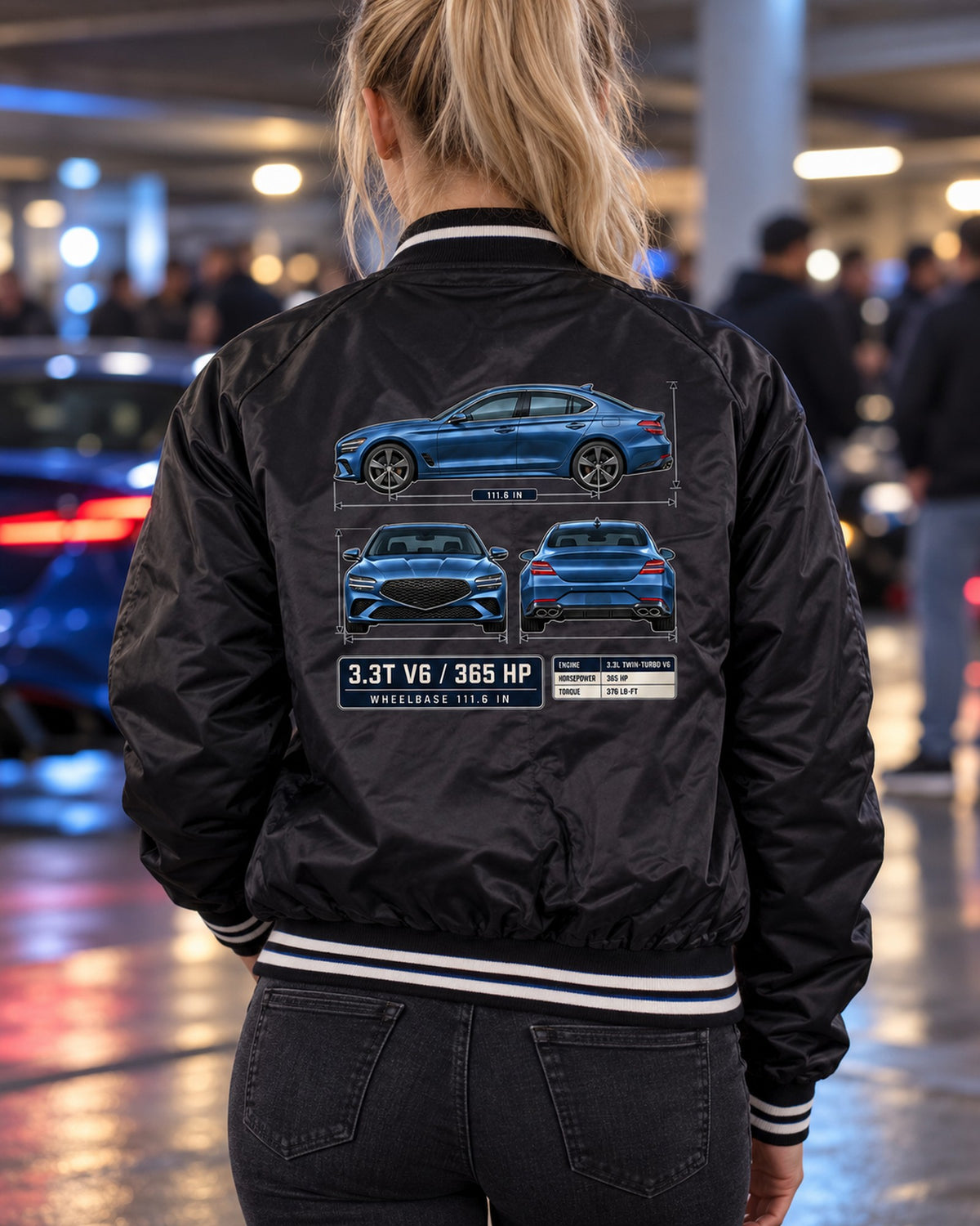 Genesis G70 3.3T Blueprint Shirt, V6 Sport Sedan Gift Bomber Jacket Black worn hero