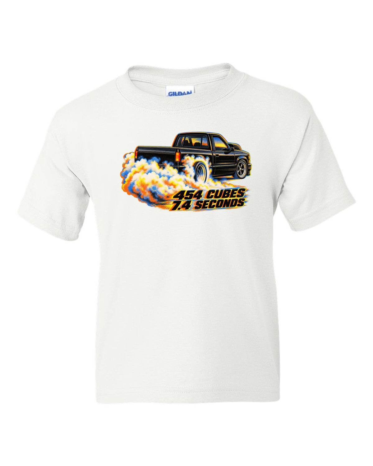 Risograph burnout smoke print of a 1990-93 Chevrolet 454 SS pickup with 454 cubes text white kids tee front view with the design