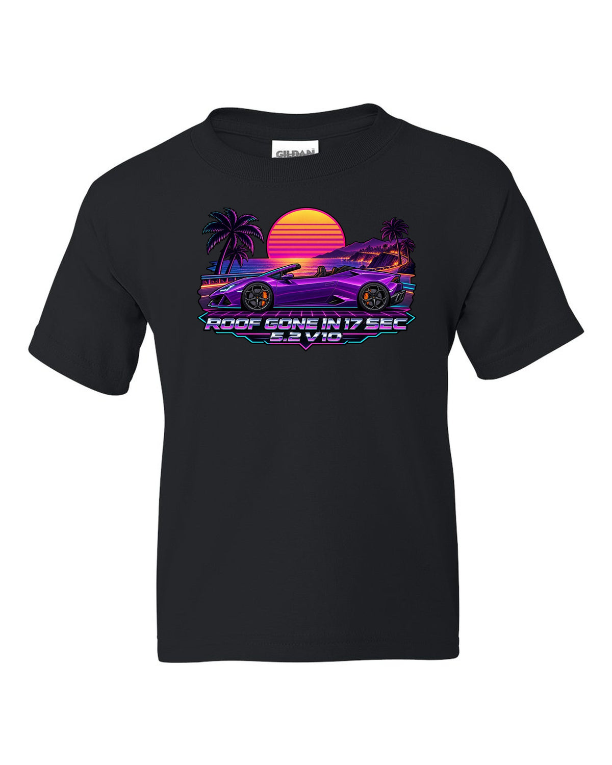 Synthwave outrun sunset grid with a Lamborghini Huracan Spyder LP610-4 and text ROOF GONE IN 17 SEC / 5.2 V10 black kids tee front view with the design