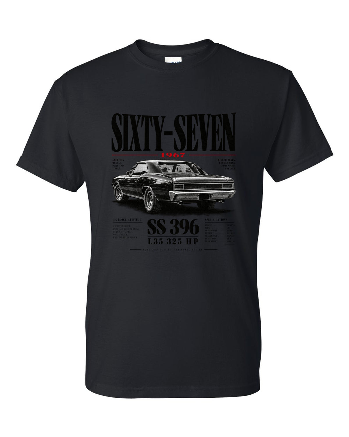 1967 Chevelle SS 396 rear three-quarter editorial headline print black t-shirt front view with the design