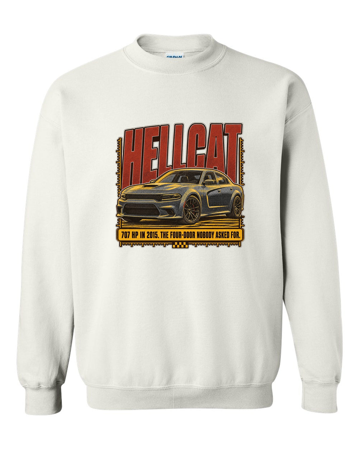 Dodge Charger SRT Hellcat halftone statement print reading 707 HP in 2015 white crewneck front view with the design