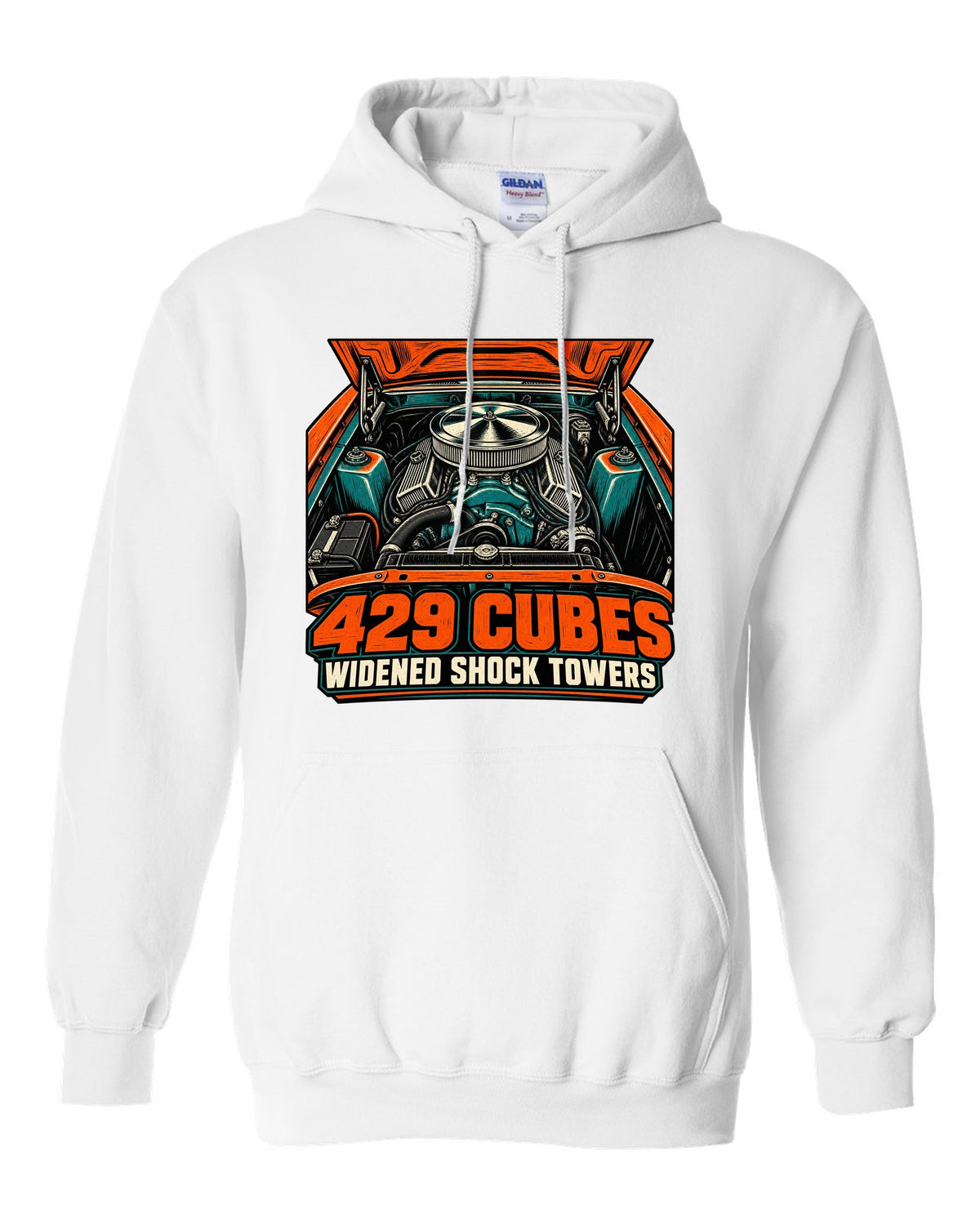 Woodcut linocut print of a 1969-70 Ford Mustang 429 engine bay white pull over hoodie front view with the design