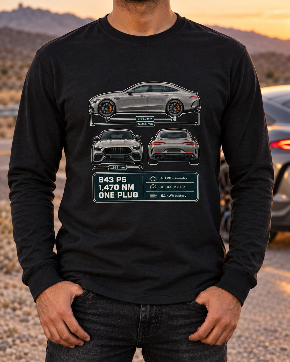 AMG GT 63 S E Performance 4-Door Three-View Spec Table Shirt Long Sleeve Black worn hero