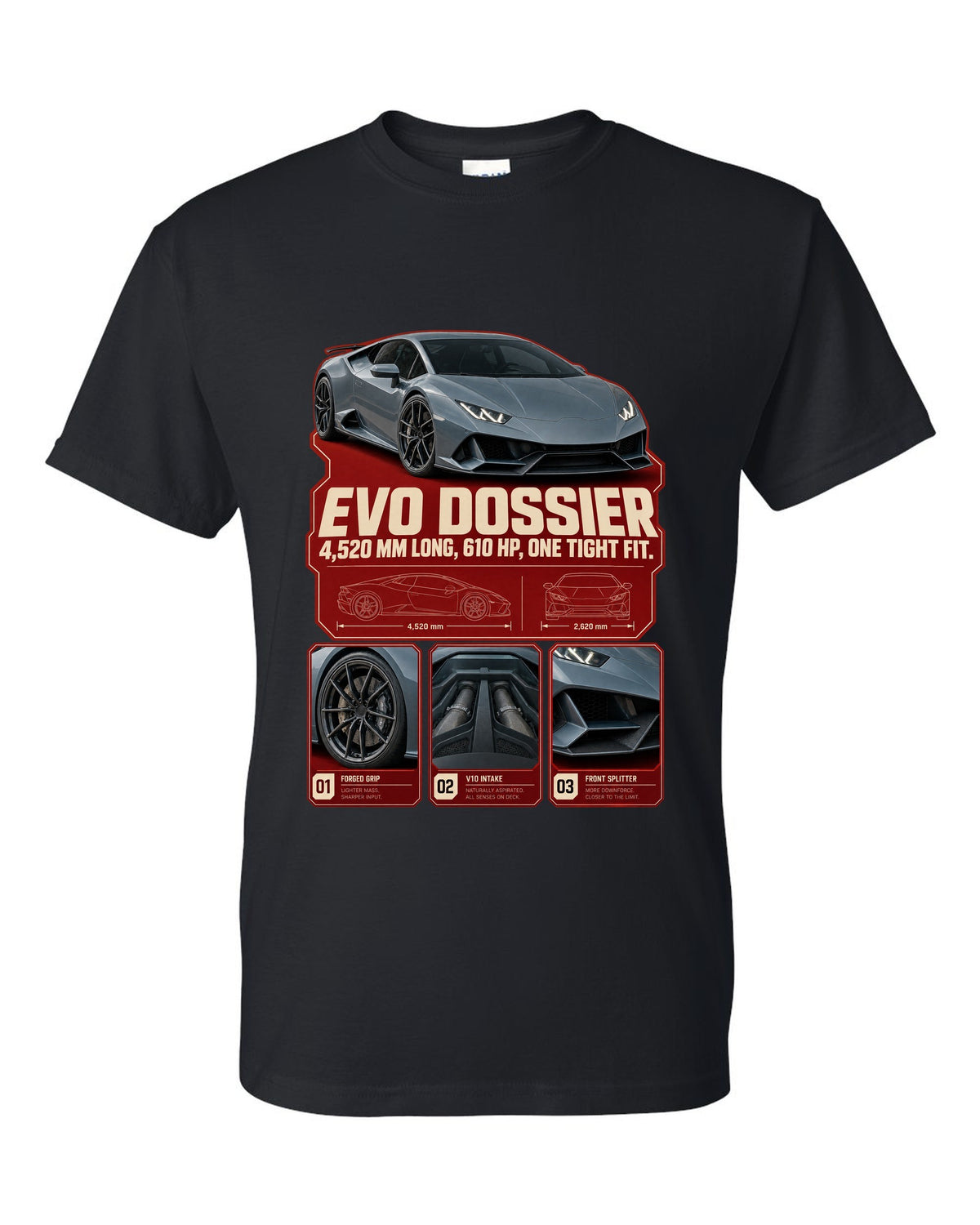 Dossier panel print of the Lamborghini Huracan EVO black t-shirt front view with the design