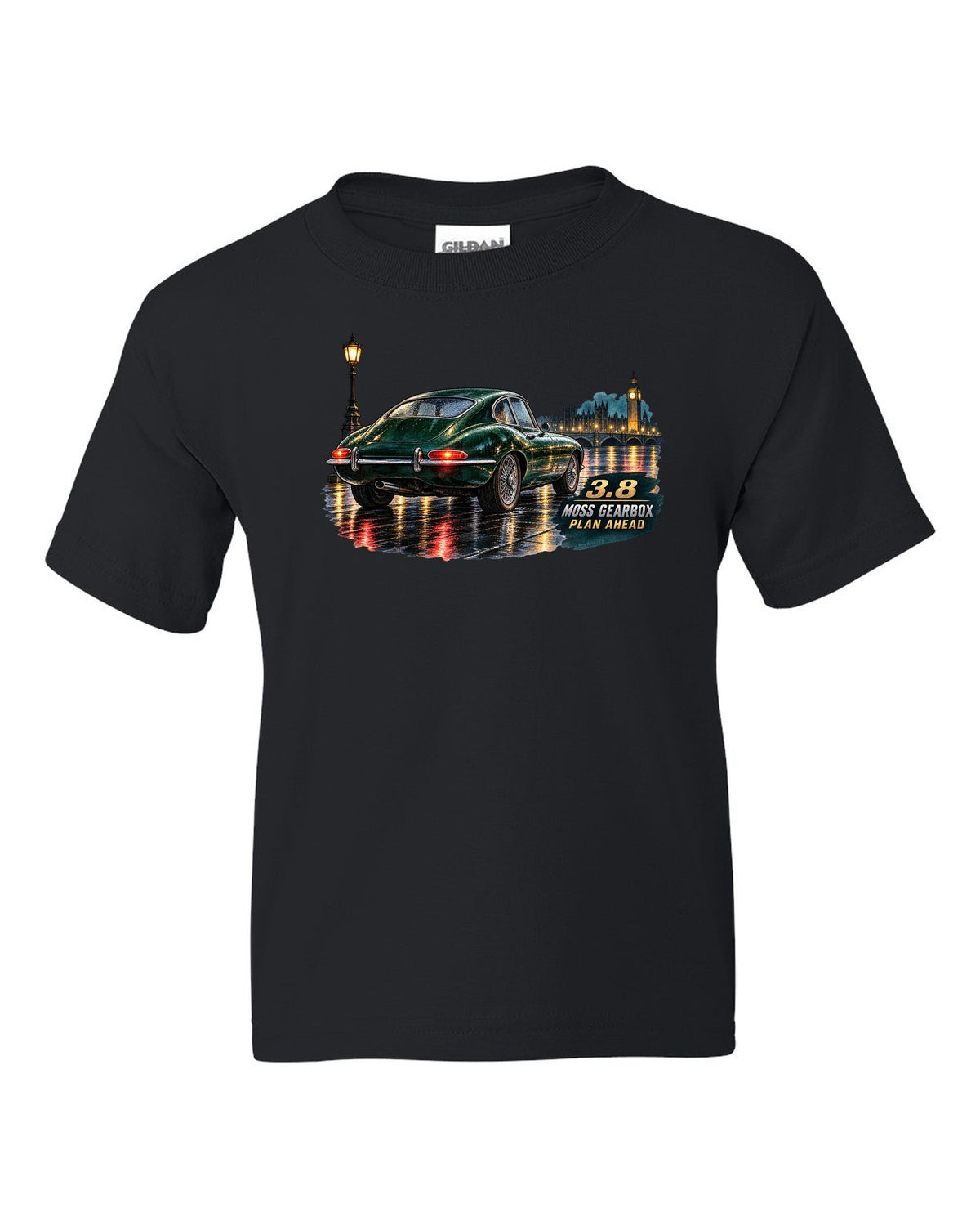 Watercolour print of 1964 Jaguar E-Type Series 1 taillights on a wet night road black kids tee front view with the design