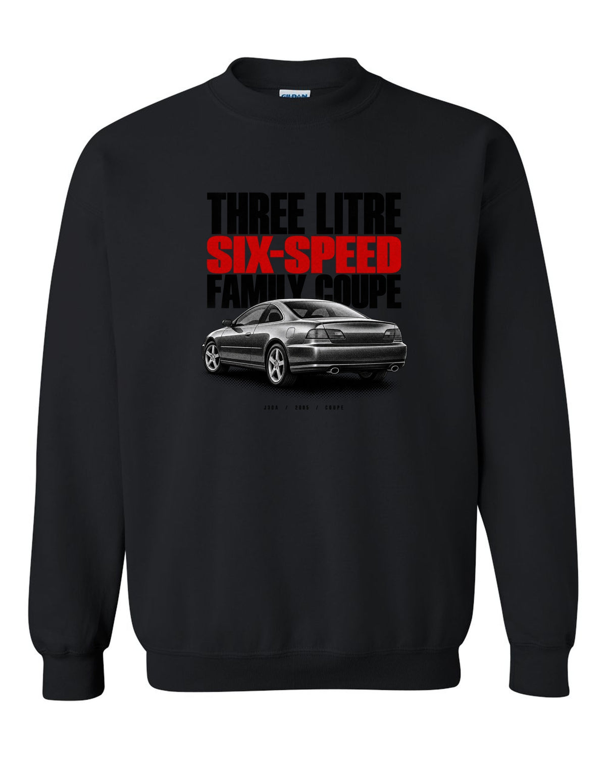 Halftone print for the 2005 Honda Accord V6 coupe reading three litre, six-speed, family coupe black crewneck front view with the design