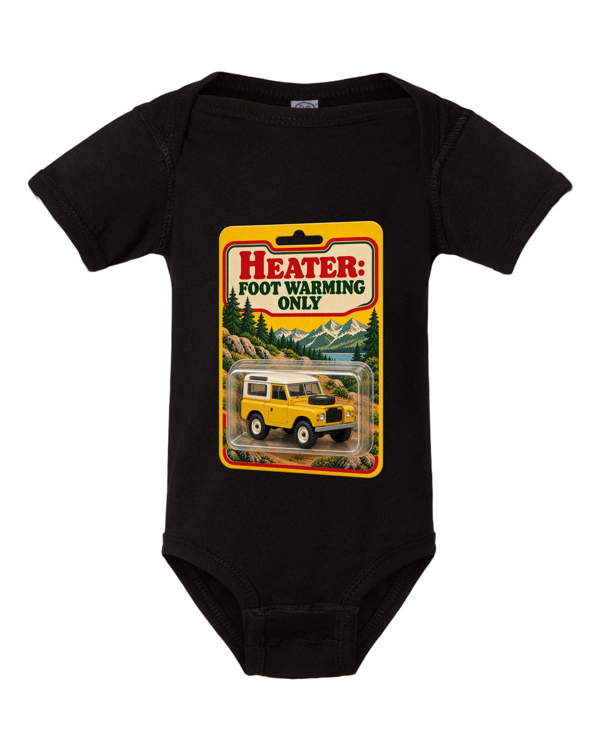 Toy blister card print with a Land Rover Defender 90 and the text Heater Foot Warming Only black baby onesie front view with the design