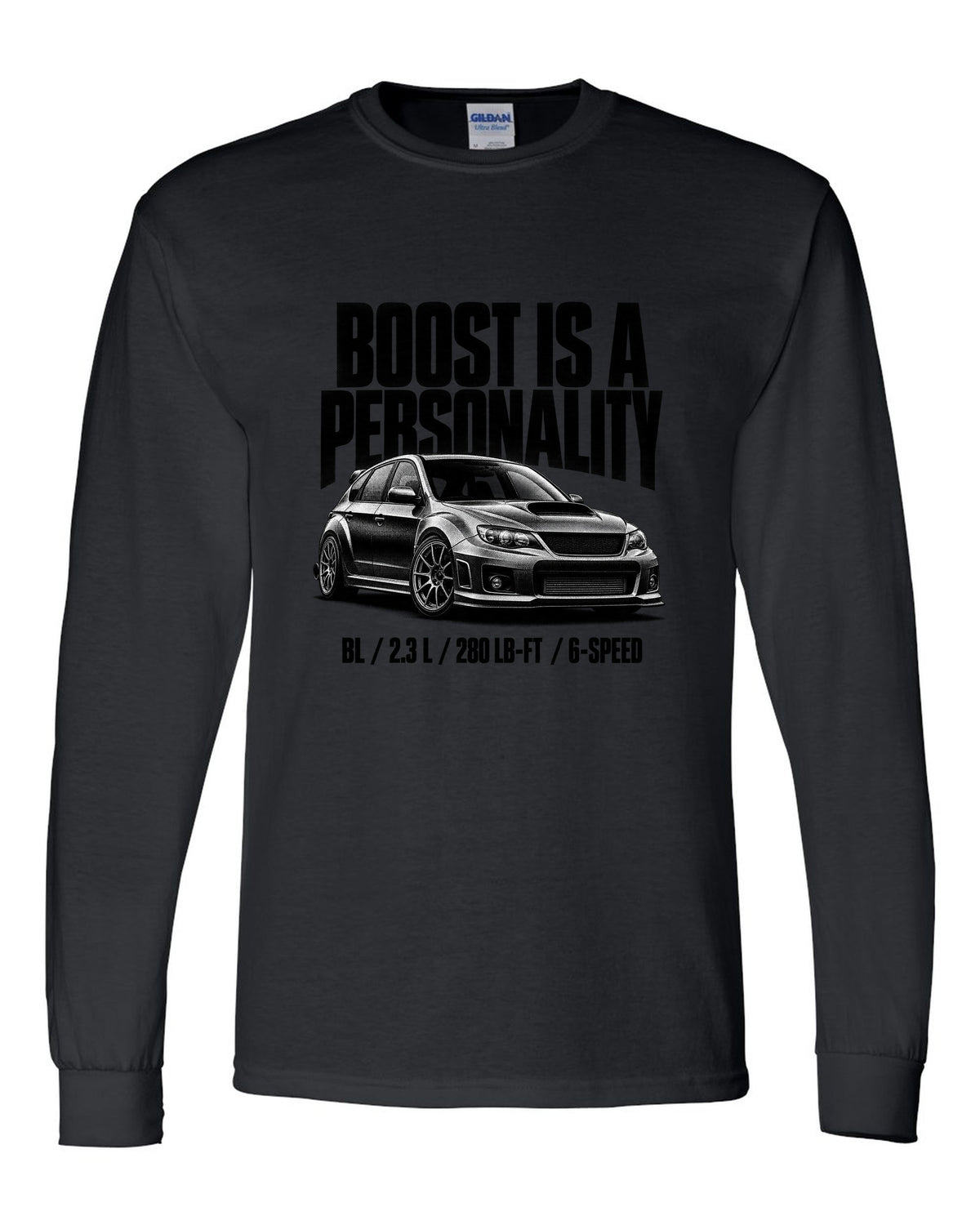 Halftone carbon print of a Mazdaspeed3 BL with boost lettering black long sleeve front view with the design