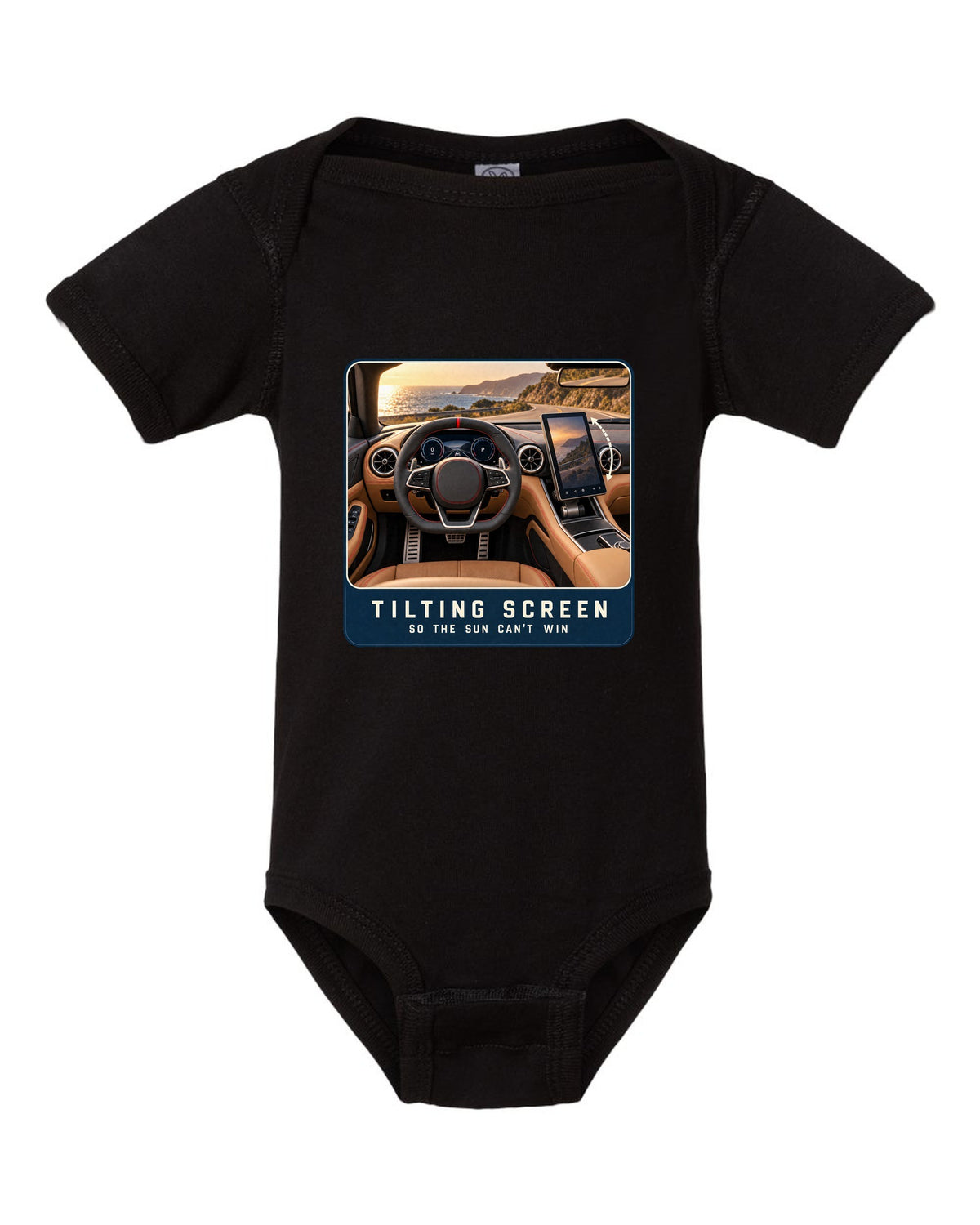 Mercedes-AMG SL63 R232 cockpit driver view with tilting central screen print black baby onesie front view with the design