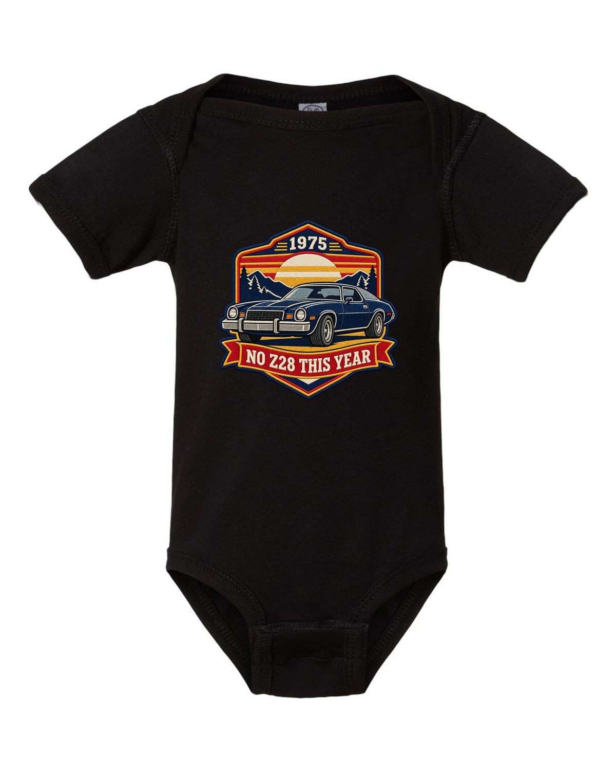 1975 Camaro second-generation in an embroidery patch style crest with the text No Z28 This Year black baby onesie front view with the design