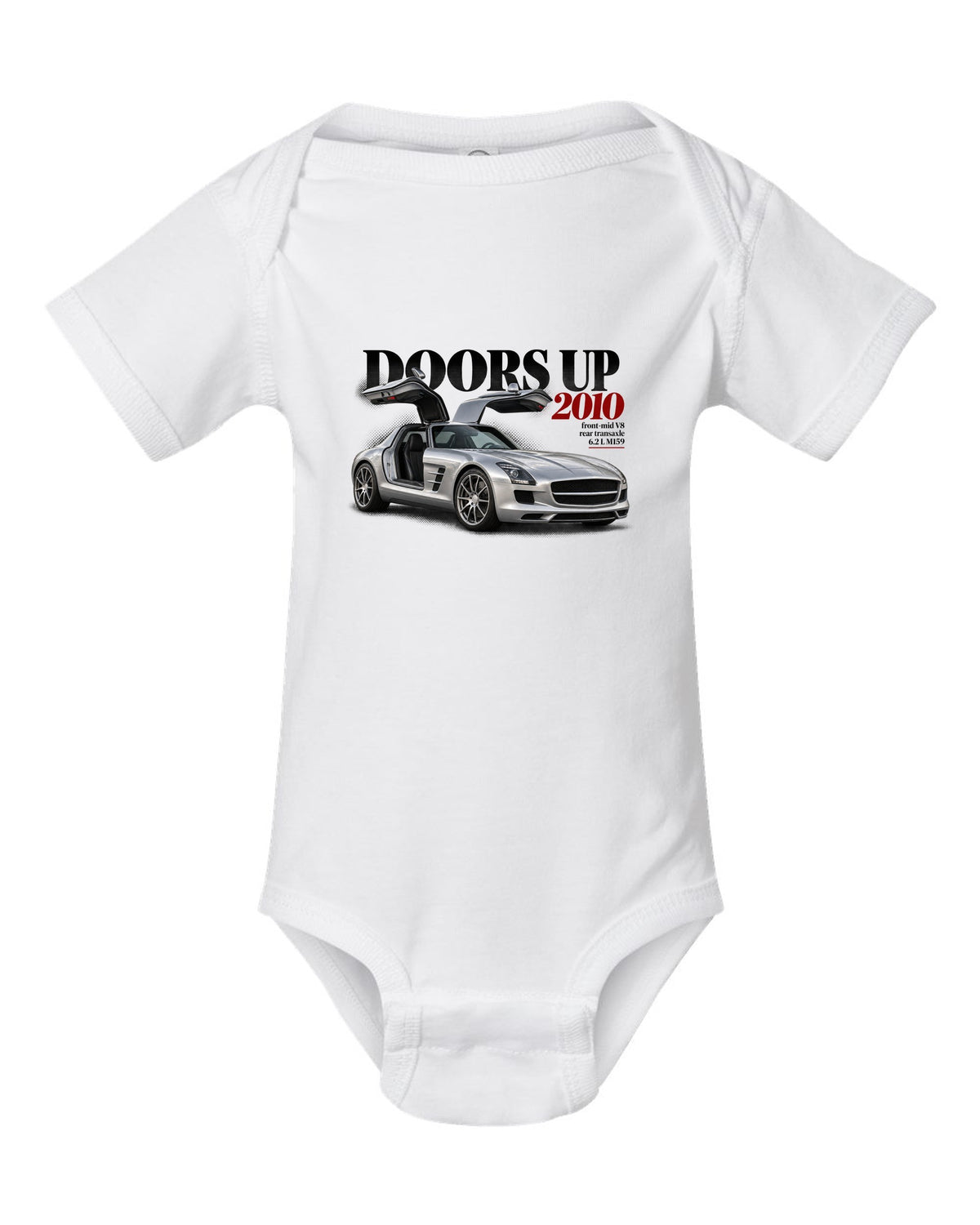 Editorial print of a Mercedes SLS AMG C197 with gullwing doors raised and Doors Up 2010 lettering white baby onesie front view with the design