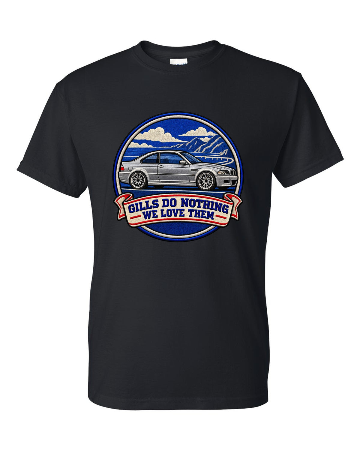 Varsity crest style print of a BMW E46 M3 coupe with gills do nothing we love them text black t-shirt front view with the design