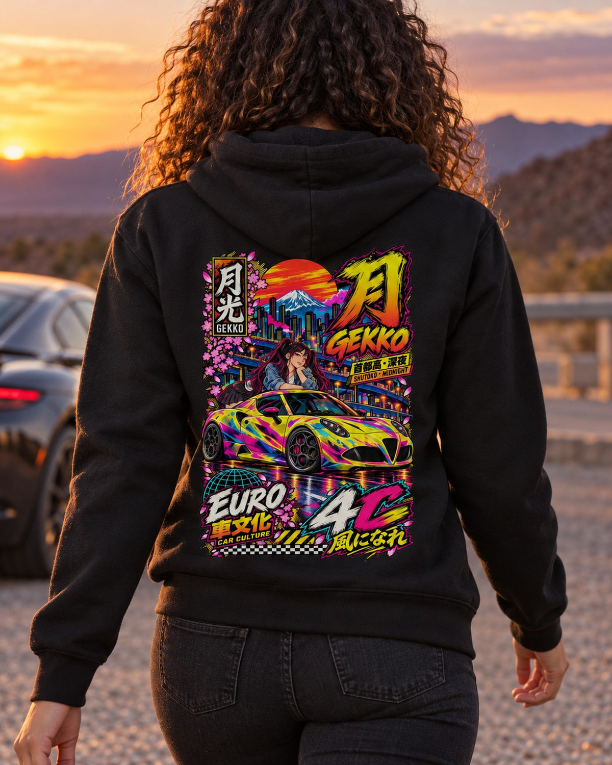 GEKKO 4C Anime Girl Full-Back Graphic Tee Zip Hoodie Black worn hero