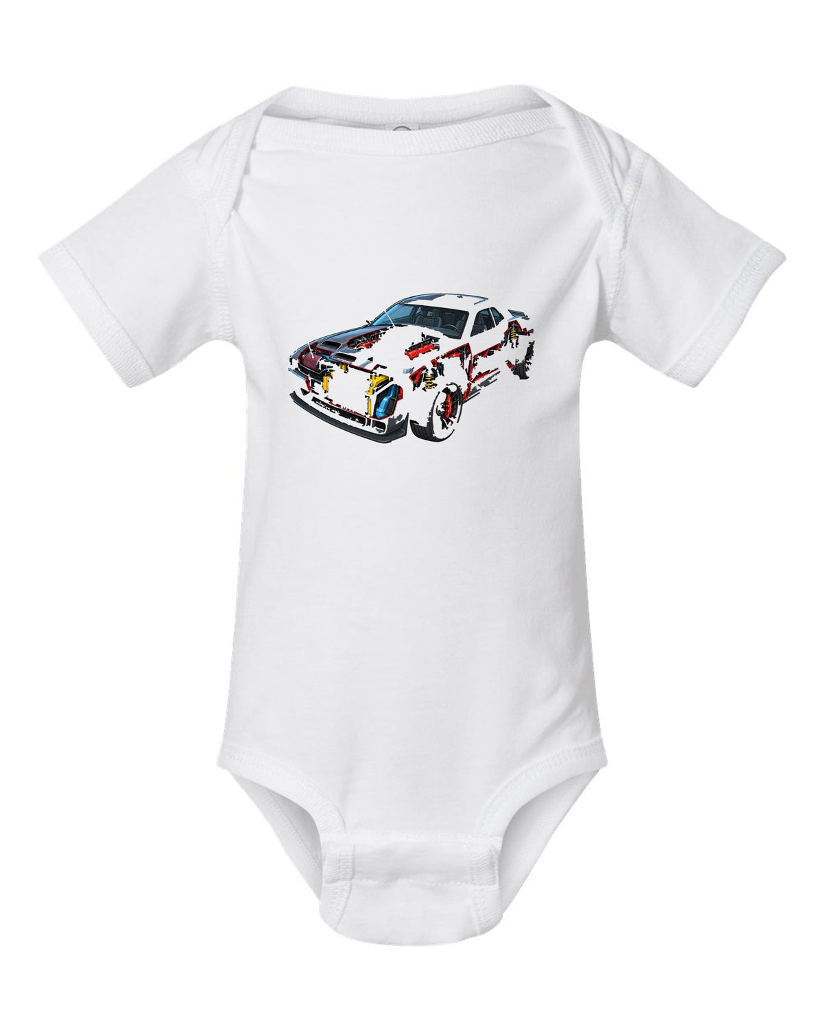 2018 Dodge Challenger Hellcat supercharger cutaway technical illustration print with 707 HP text white baby onesie front view with the design