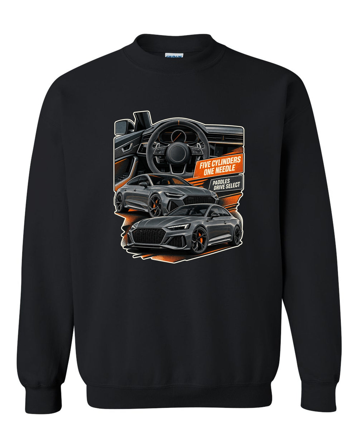 Interior and gauge cluster print of an Audi RS3 8Y black crewneck front view with the design