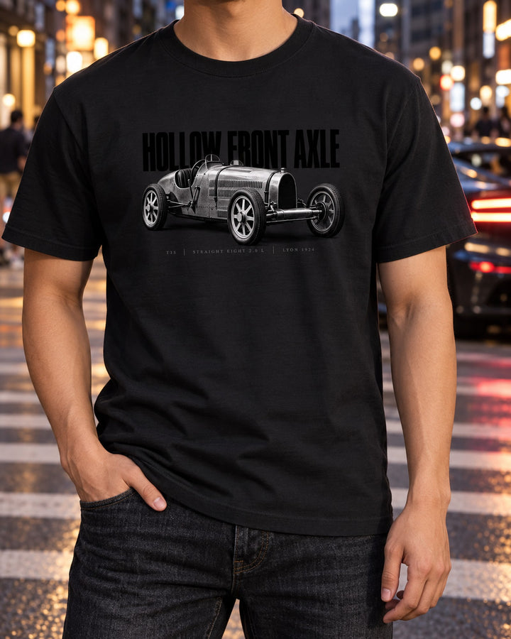 Bugatti Type 35 1924 Hollow Axle Halftone print Tee T-Shirt Black worn hero