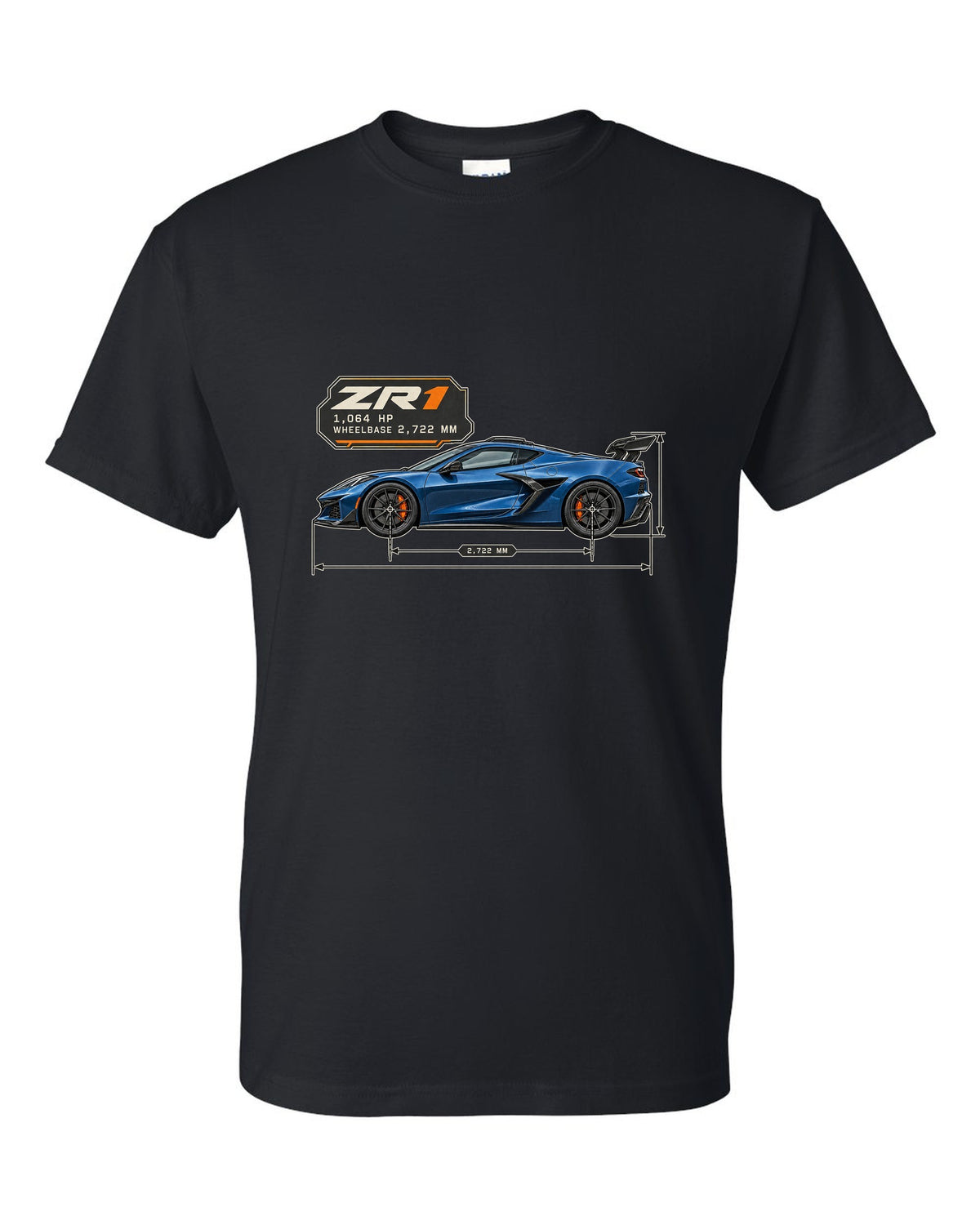 print of a Chevrolet Corvette C8 ZR1 2025 dimension blueprint with 1,064 HP and wheelbase text black t-shirt front view with the design