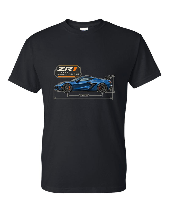 print of a Chevrolet Corvette C8 ZR1 2025 dimension blueprint with 1,064 HP and wheelbase text black t-shirt front view with the design