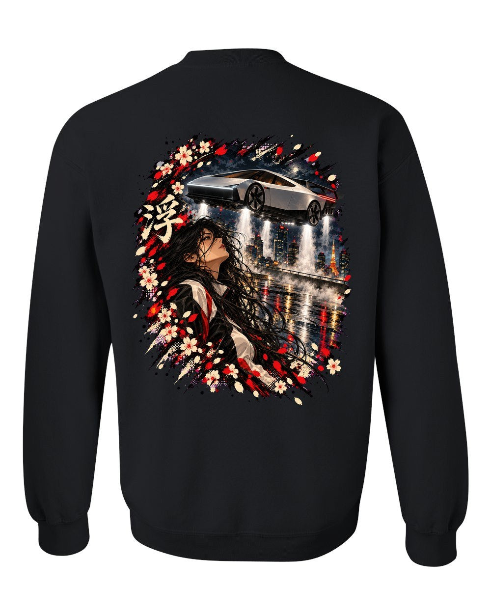 Tesla Roadster Hover Anime Girl Crewneck Black back