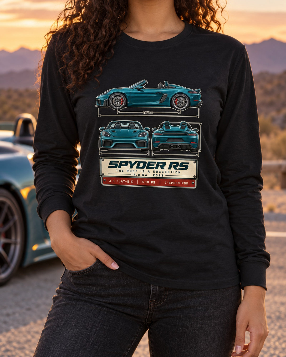 Porsche 718 Spyder RS 982 Three-View Spec Shirt, 4.0 NA Long Sleeve Black worn hero