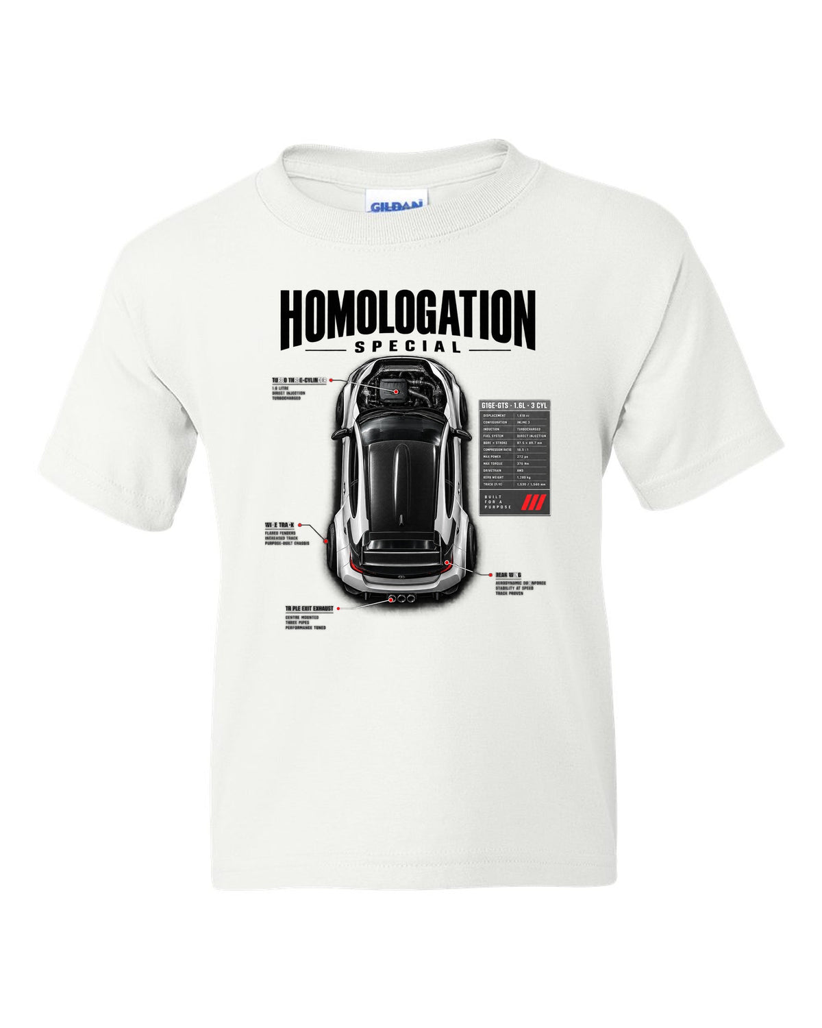 Spec poster style print of a Toyota GR Yaris with G16E-GTS 1.6L 3 cylinder text white kids tee front view with the design
