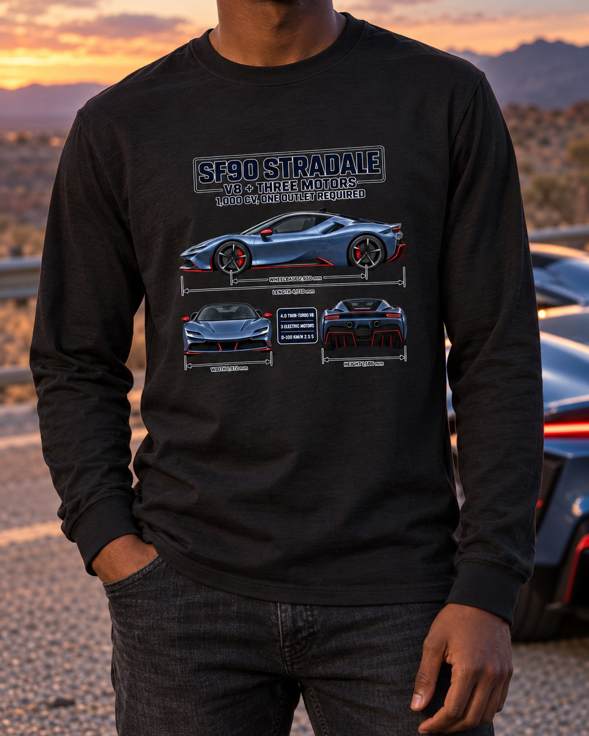 Ferrari SF90 Stradale Three-View Spec Sheet Tee Long Sleeve Black worn hero