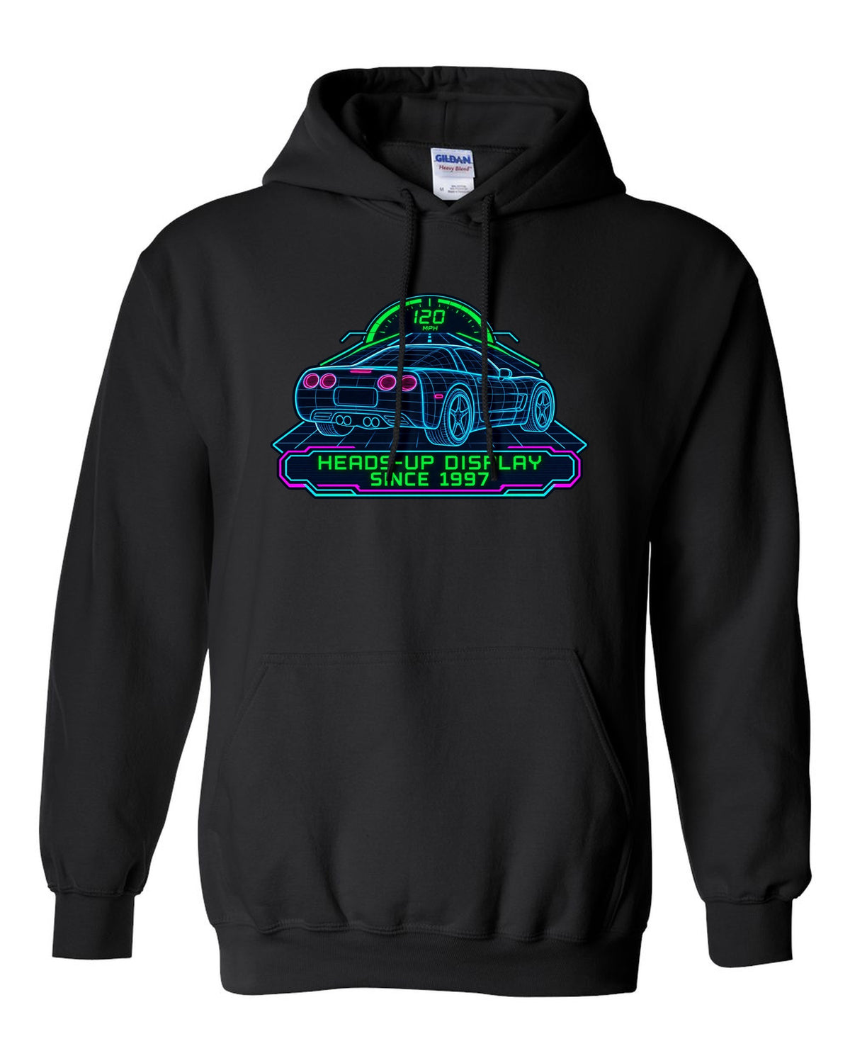 Hand-drawn doodle print of a 2020 Chevrolet Corvette C8 Stingray with heads-up display since 1997 lettering black pull over hoodie front view with the design
