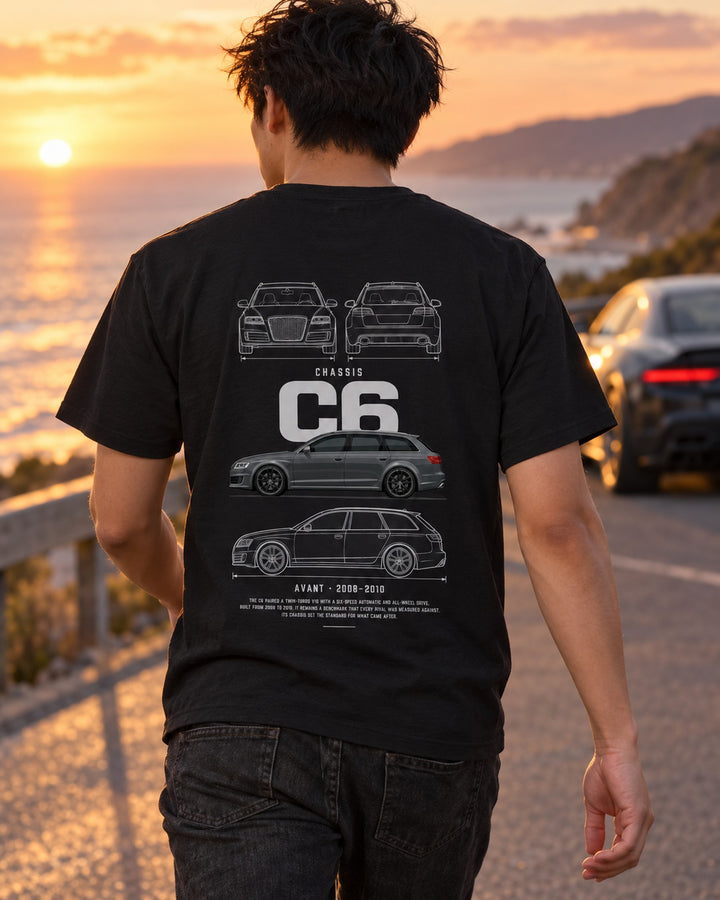 Audi C6 RS6 Avant wagon Blueprint Full-Back Graphic Tee, C6 Chassis Code T-Shirt Black worn hero