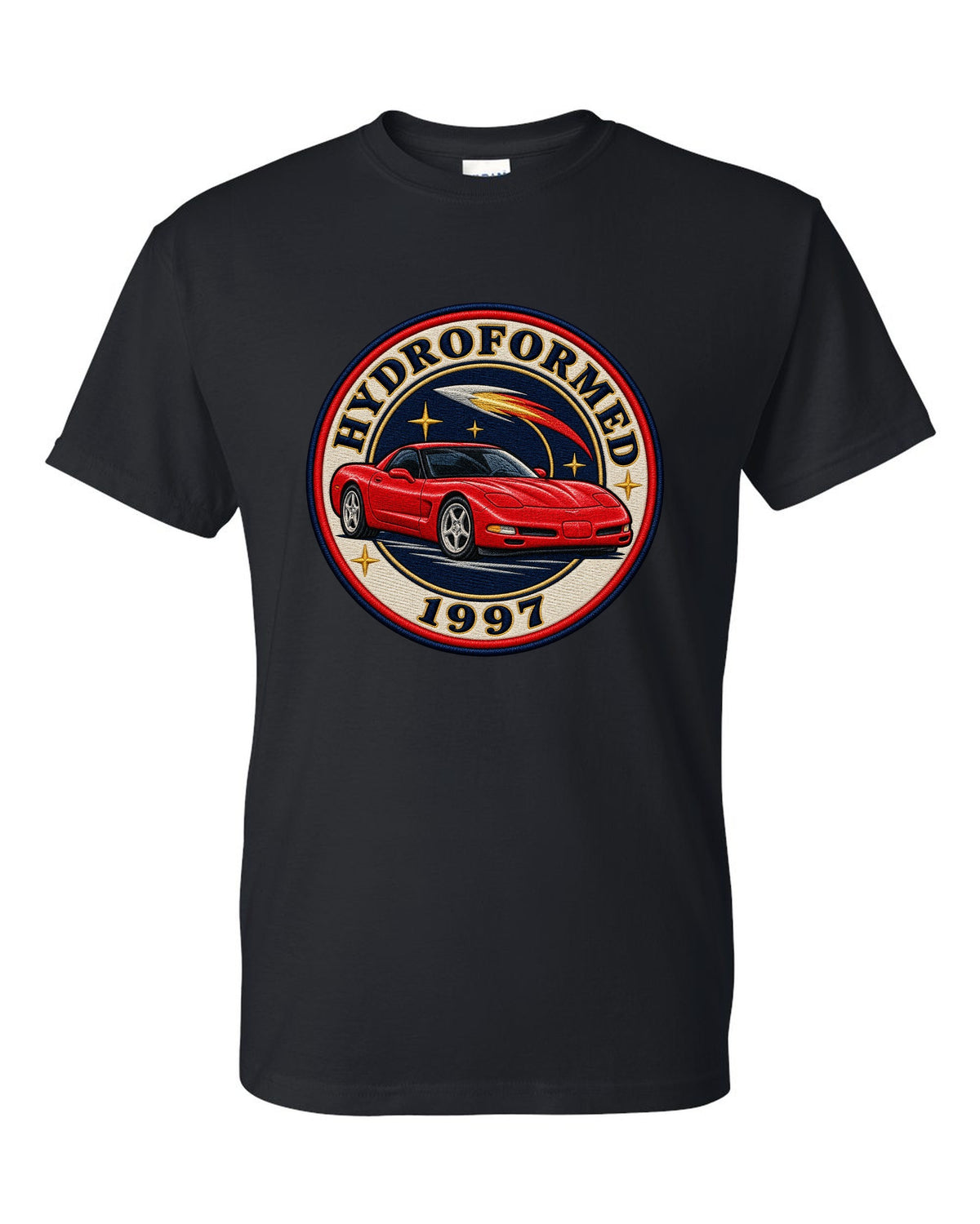 Embroidery style varsity crest print of a 1997 Chevrolet Corvette C5 coupe with Hydroformed text black t-shirt front view with the design