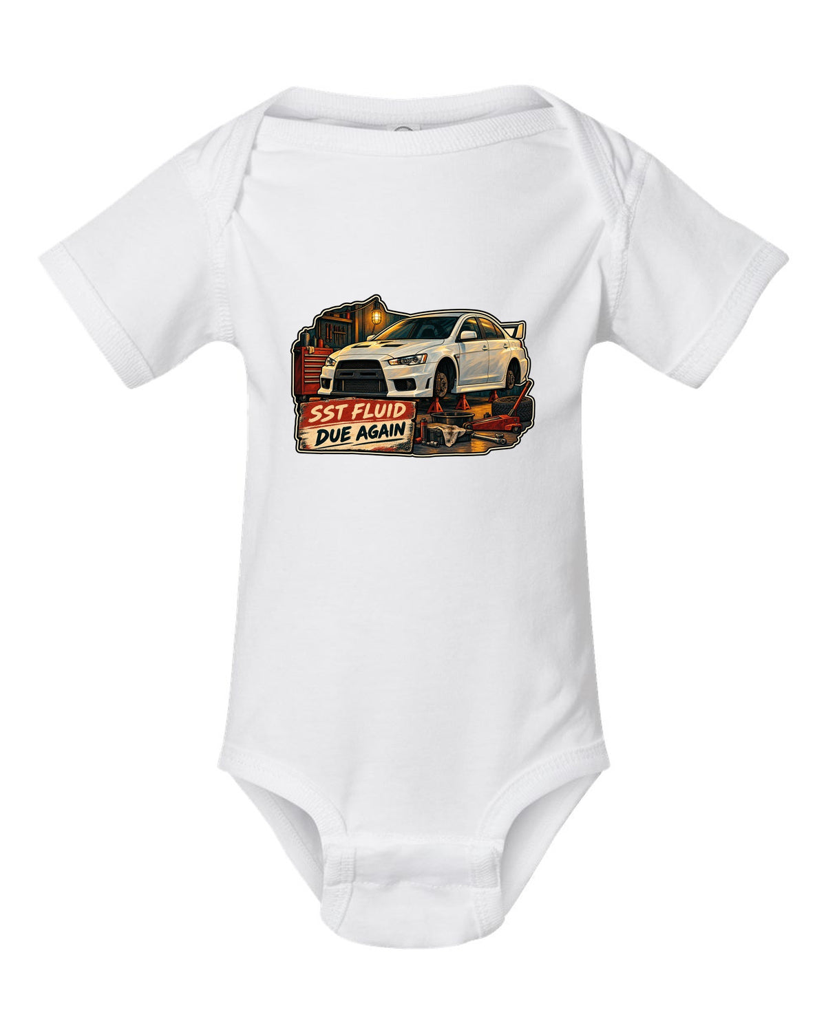 Gouache garage illustration print of the Mitsubishi Evo X CZ4A with SST fluid due again text white baby onesie front view with the design
