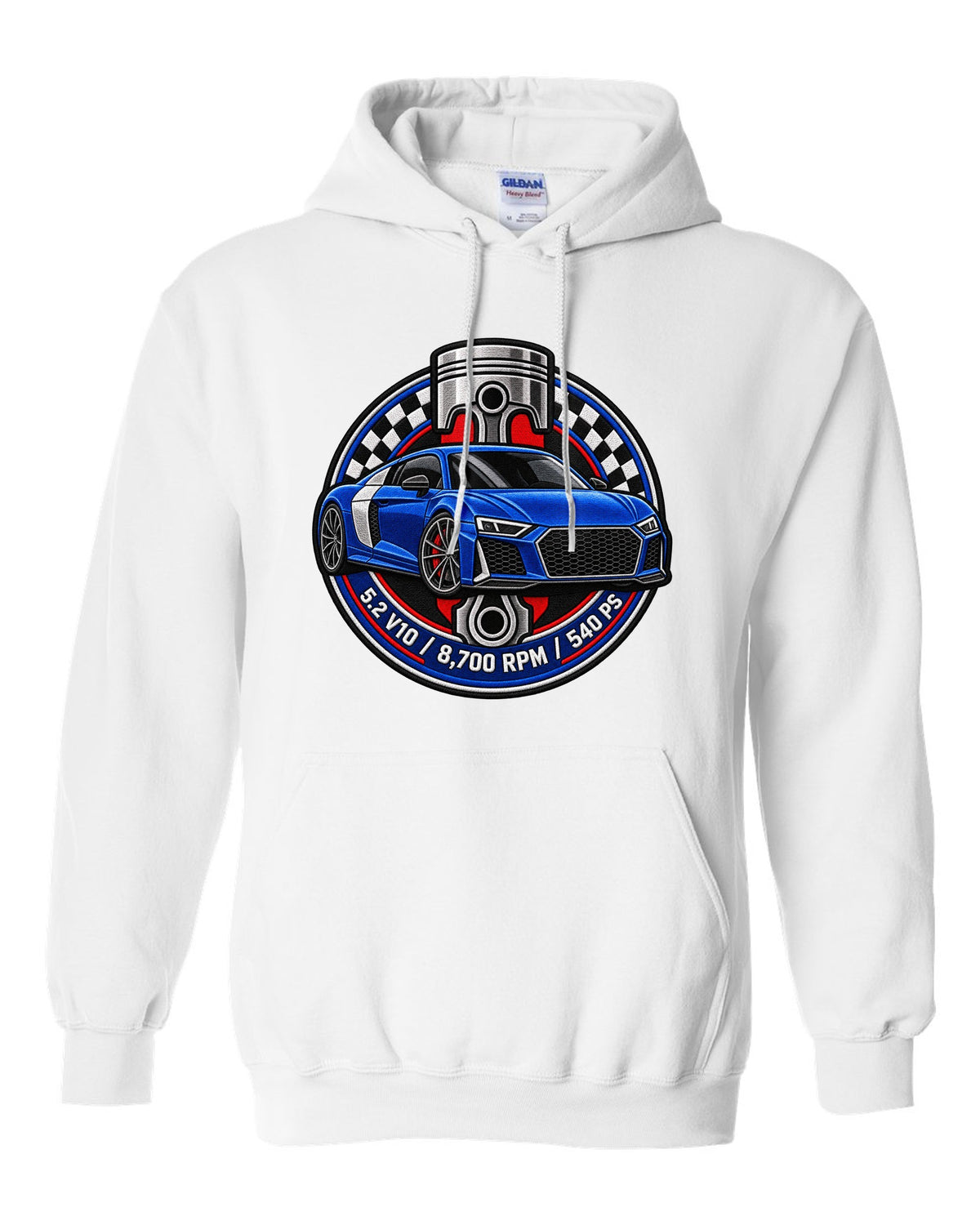 Varsity badge crest print of an Audi R8 4S with 5.2 V10 and 540 PS text white pull over hoodie front view with the design
