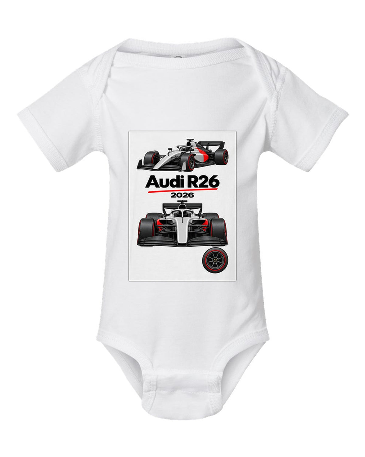 Audi R26 2026 F1 car technical poster artwork white baby onesie front view with the design
