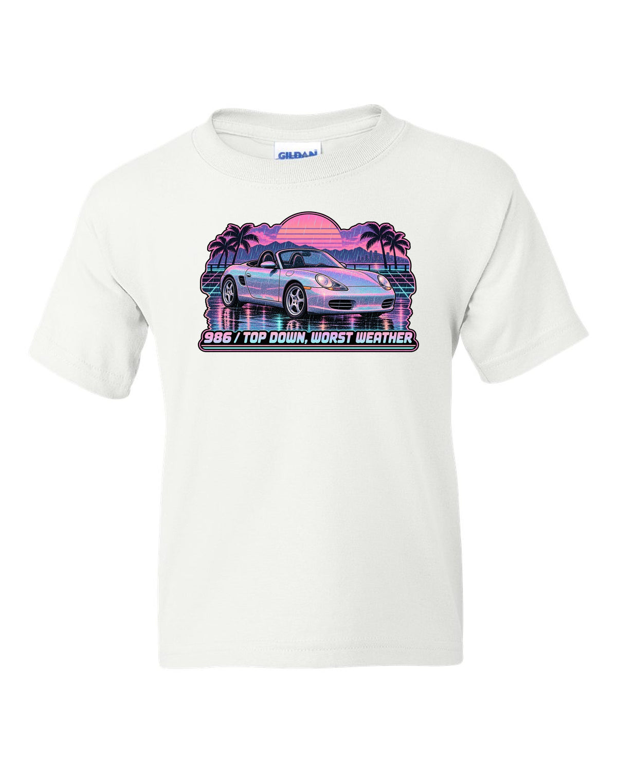 Lo-fi vaporwave Porsche Boxster 986 with the roof down white kids tee front view with the design