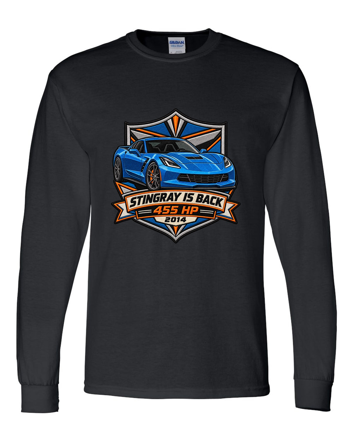 Varsity crest style print of a 2014 Chevrolet Corvette C7 Stingray with 455 HP and gill vent detail black long sleeve front view with the design