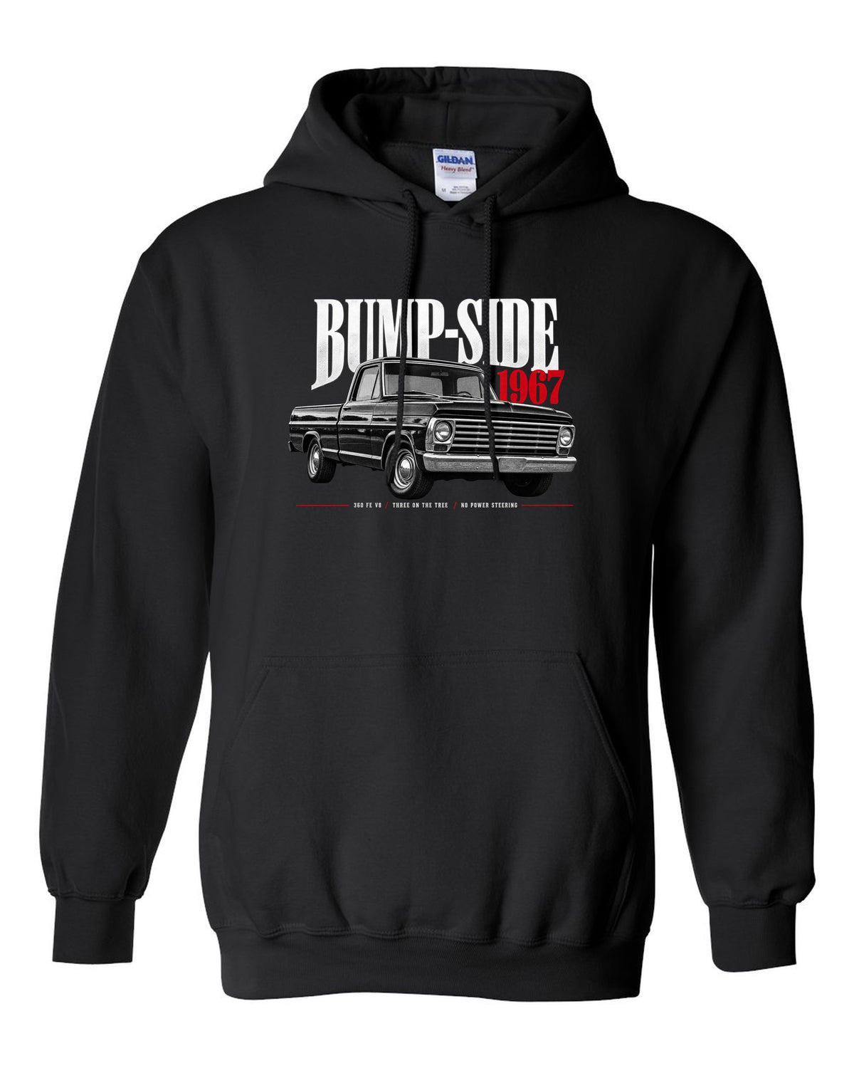 Ford F-Series Bump-Side 1967 360 FE V8 Editorial Graphic Tee black pull over hoodie front view with the design