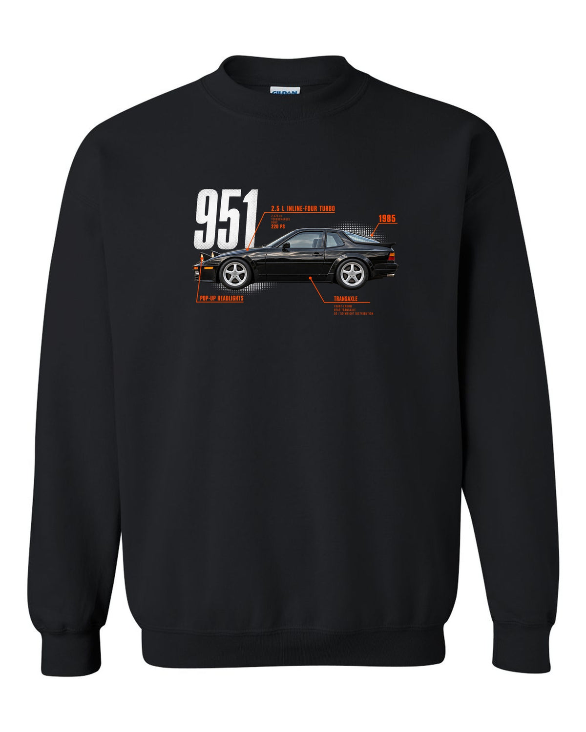 Spec poster print of a Porsche 944 Turbo 951 with 2.5 L turbo four, transaxle and pop-up headlights lettering black crewneck front view with the design