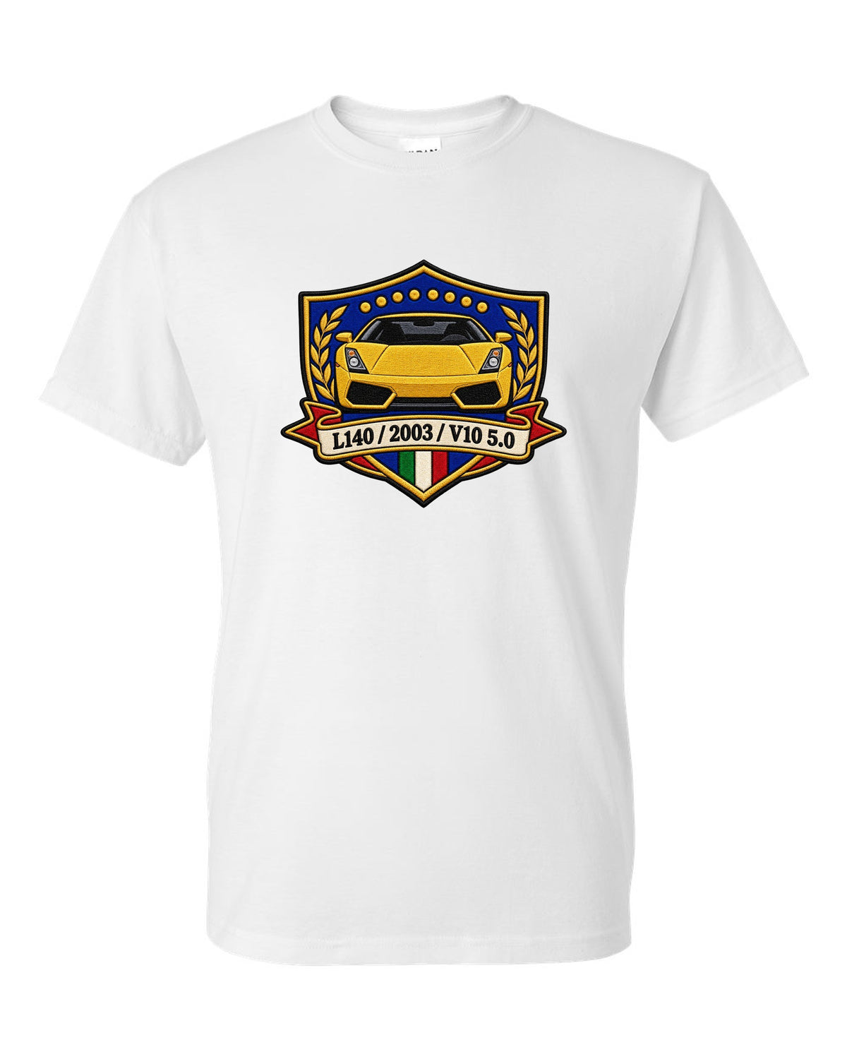 Embroidery-style crest for a 2003 Lamborghini Gallardo L140 with V10 5.0 text white t-shirt front view with the design
