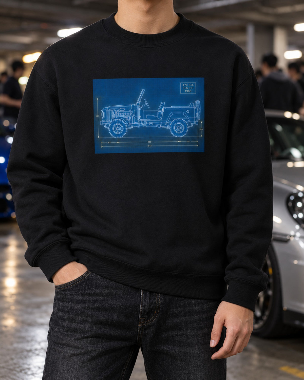 1966 Ford Bronco U13 Roadster Dawn Trailhead Blueprint Shirt Crewneck Black worn hero