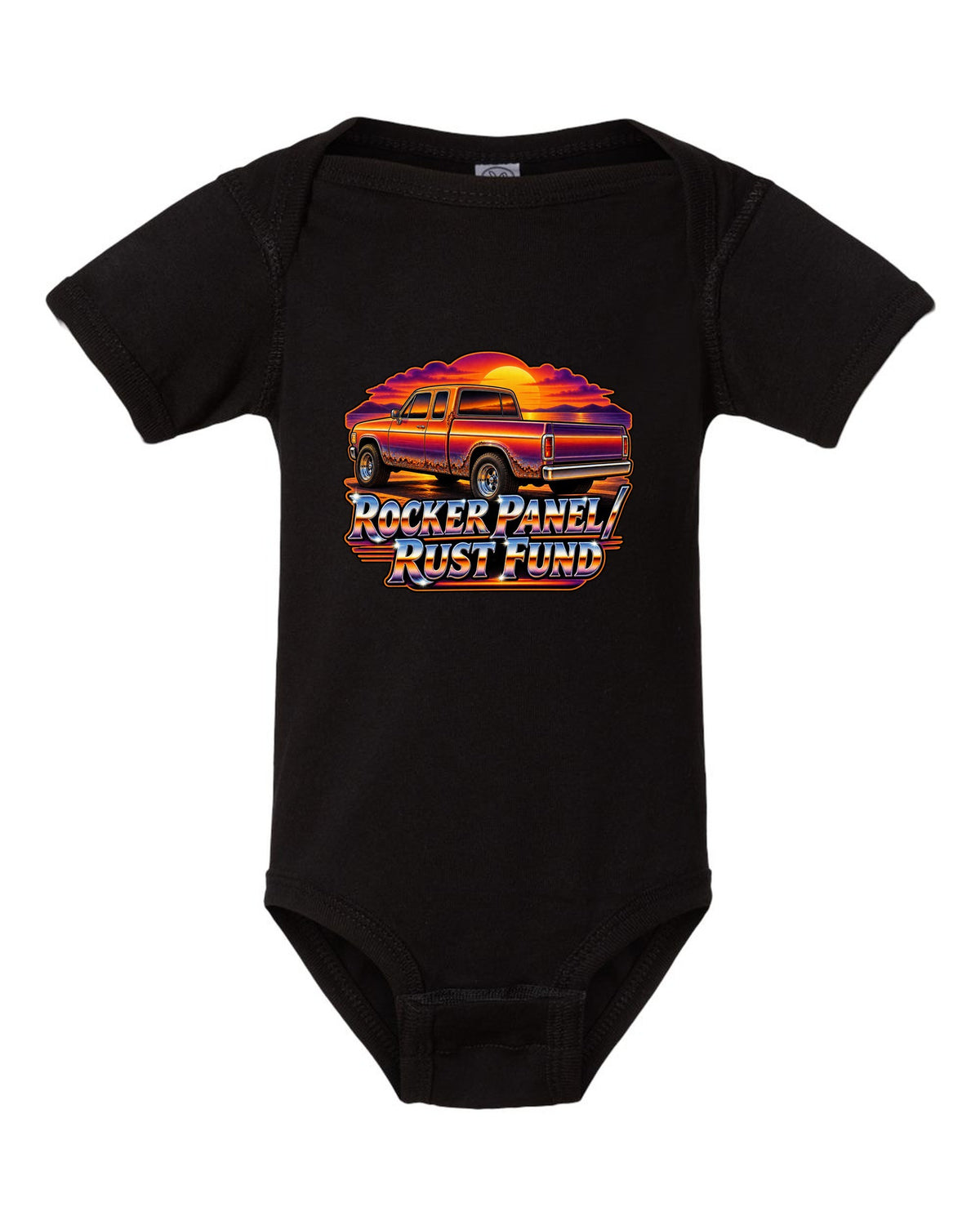 70s airbrush sunset print of a 1999-2006 Chevrolet Silverado GMT800 with Rocker Panel Rust Fund text black baby onesie front view with the design