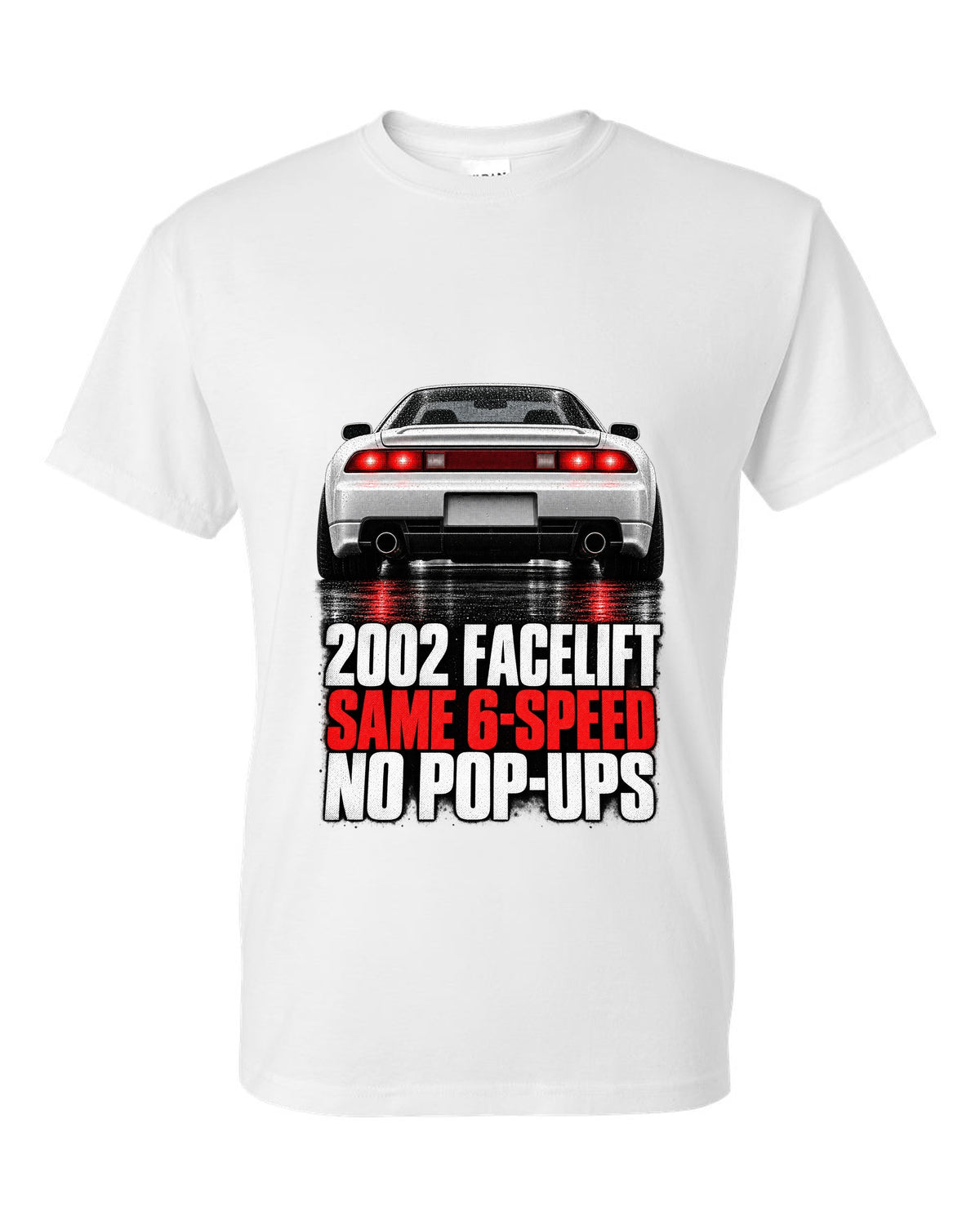 Honda NSX NA2 taillight detail design with 2002 facelift same 6-speed no pop-ups text white t-shirt front view with the design
