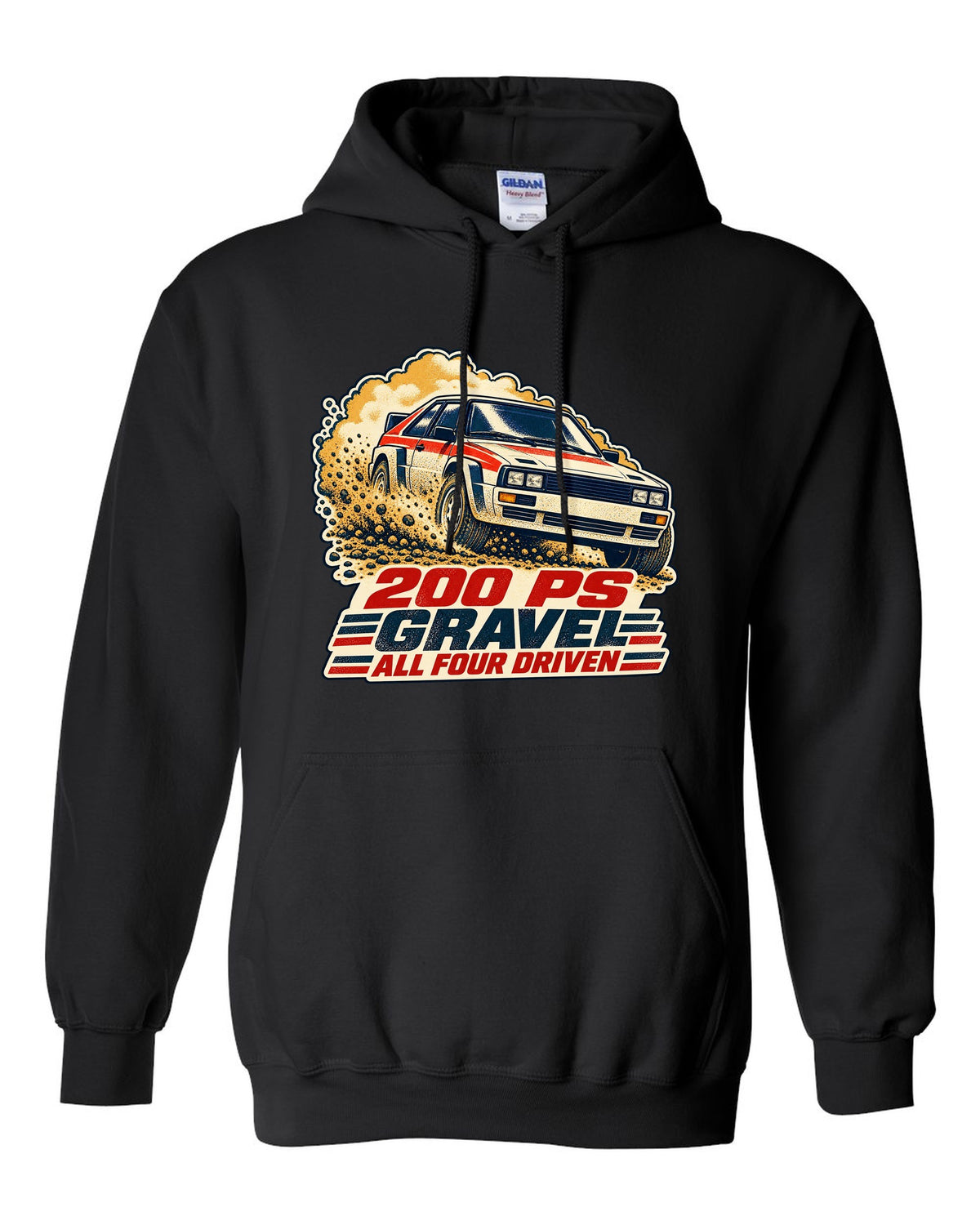Vintage rally poster screenprint print of an Audi Ur-Quattro Type 85 on gravel black pull over hoodie front view with the design