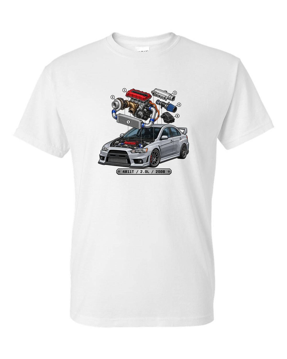 Exploded engine cutaway print for the Mitsubishi Evo X CZ4A with 4B11T 2.0L 2008 text white t-shirt front view with the design