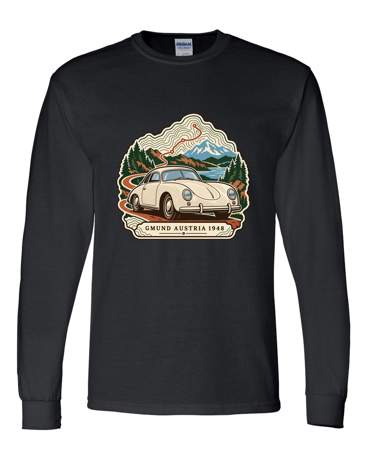 Topographic contour map design marking Gmund Austria 1948 for the Porsche 356 black long sleeve front view with the design