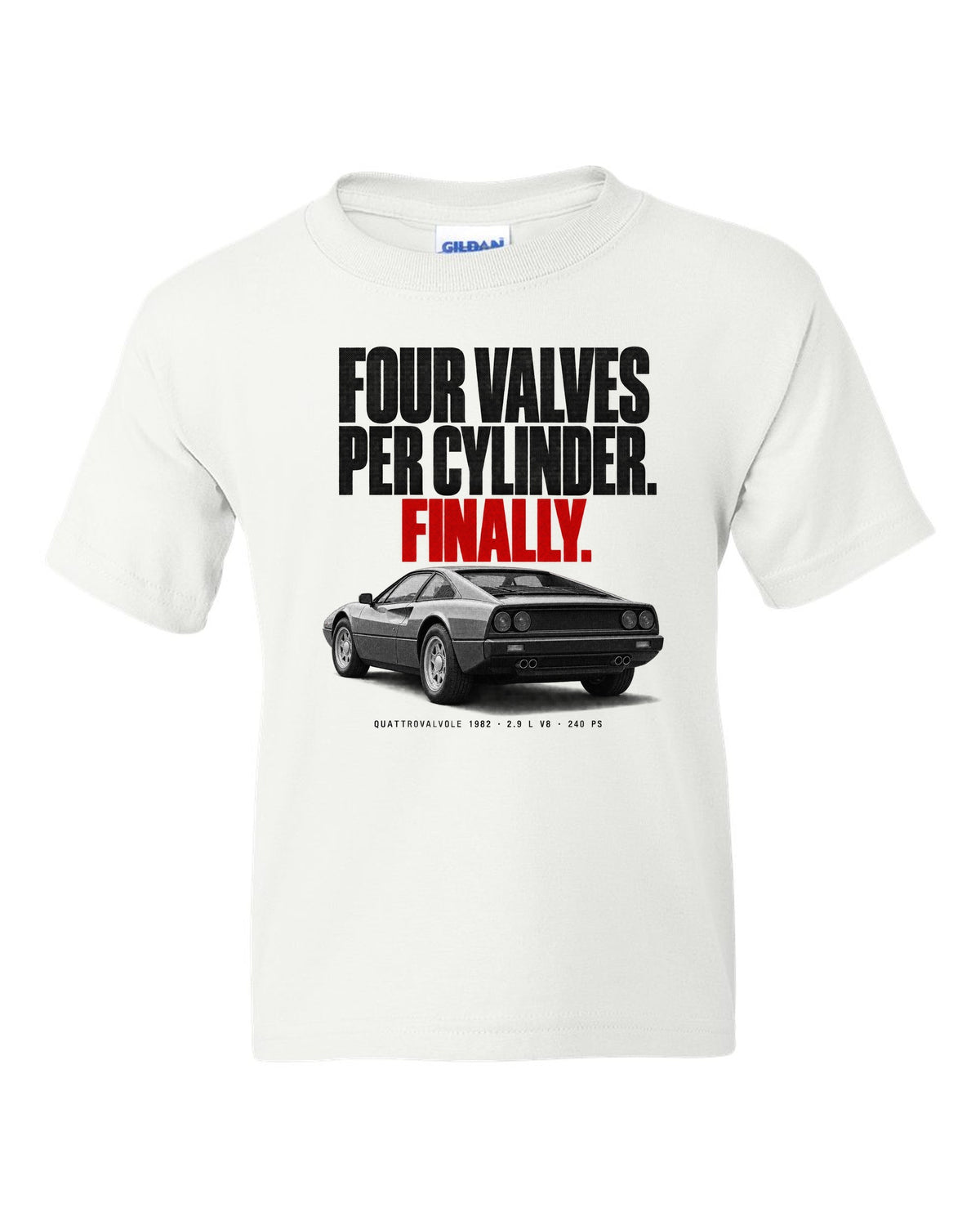 Ferrari 308 GTB Quattrovalvole 1982 rear three-quarter halftone print, four valves per cylinder white kids tee front view with the design