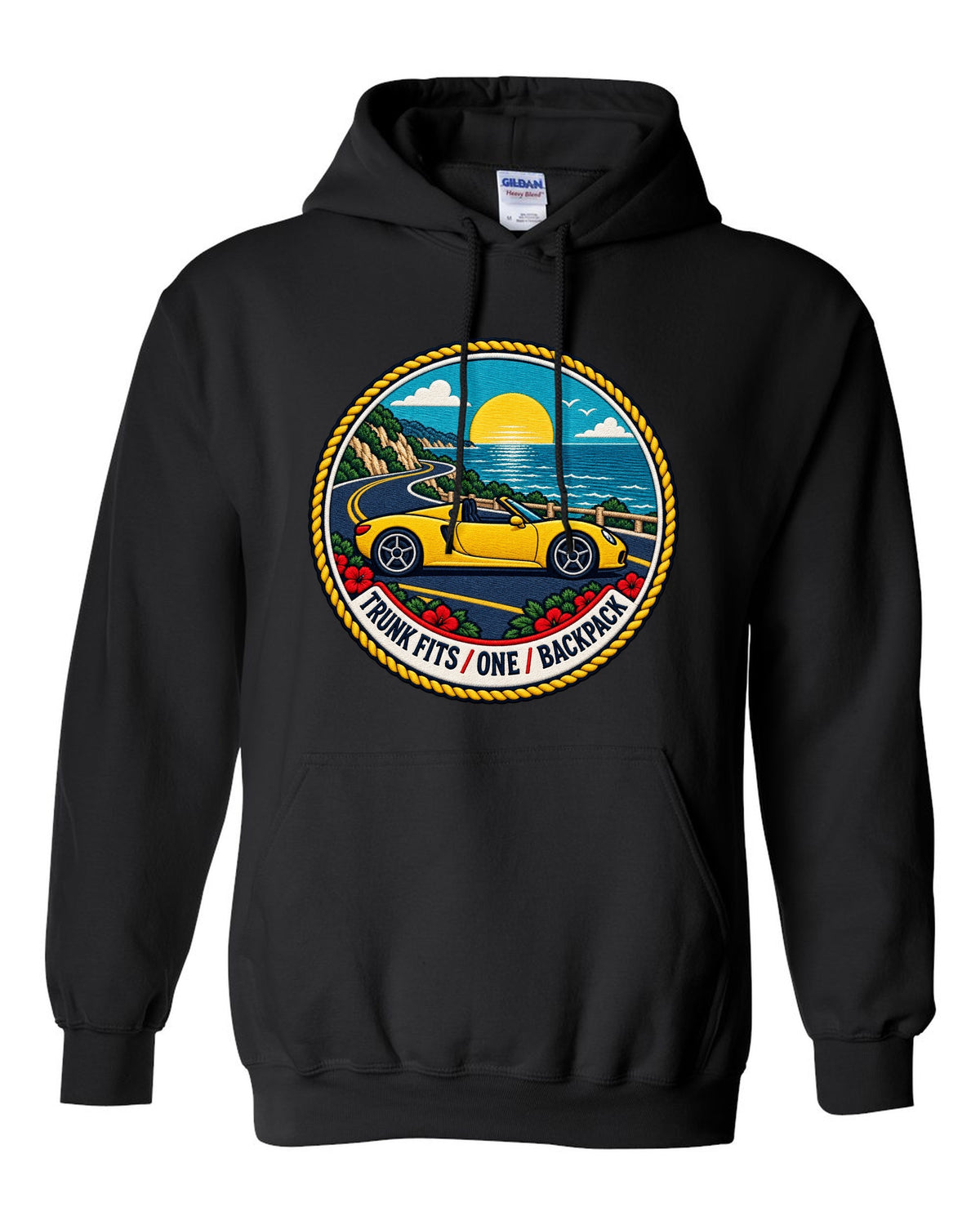 Varsity crest design for the Toyota MR2 W30 MR-S open roadster black pull over hoodie front view with the design